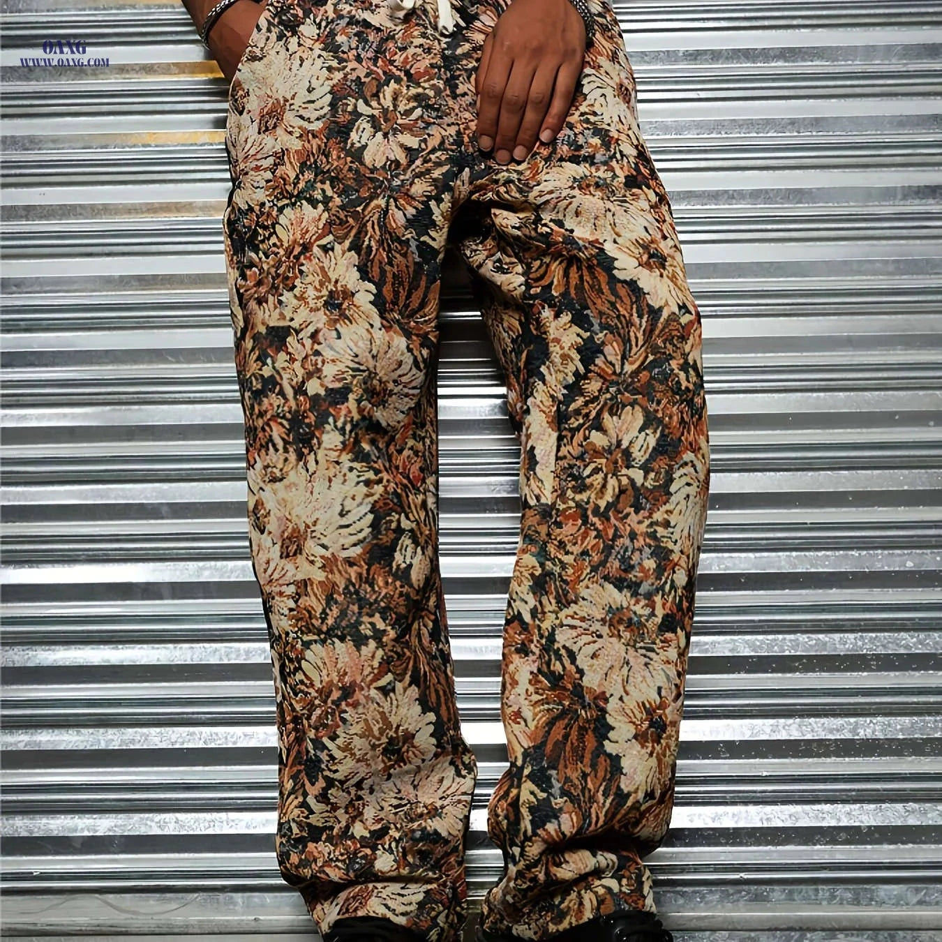 Men's Casual Floral Print Pants - Drawstring Waist, Comfortable Fit   OAXG Blue-green / FR S