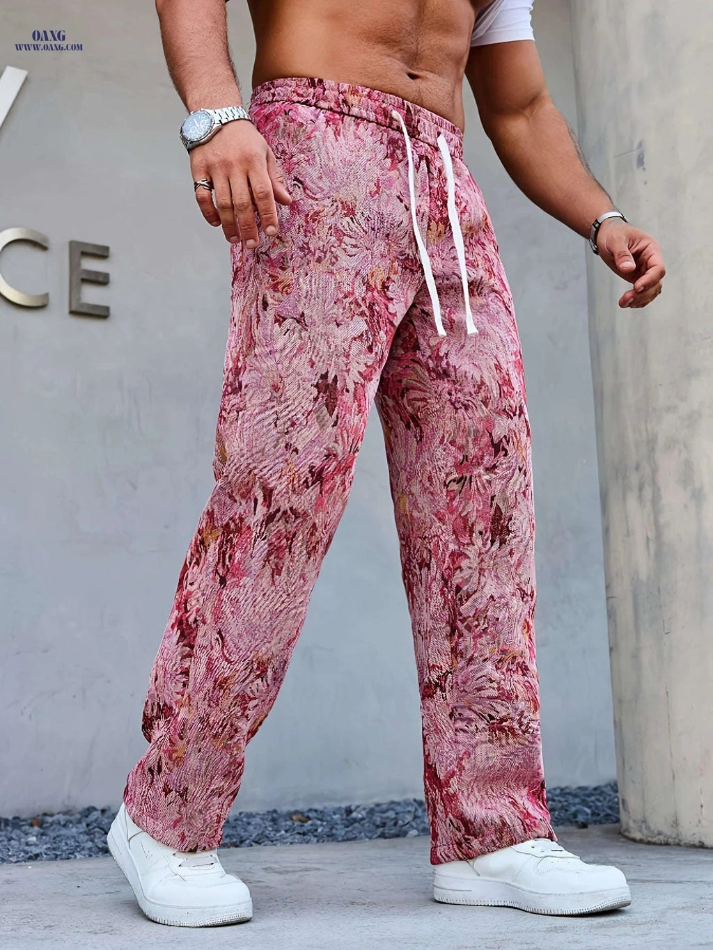 Men's Casual Floral Print Pants - Drawstring Waist, Comfortable Fit   OAXG 