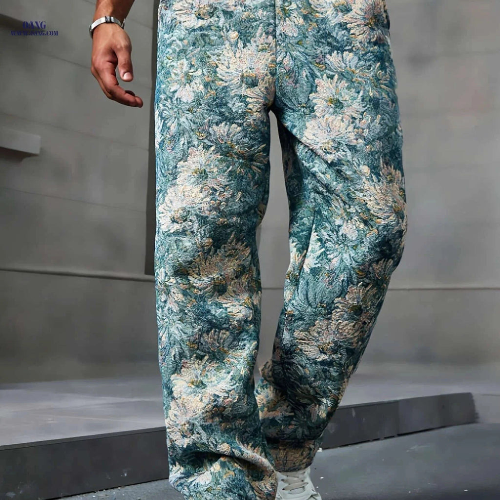 Men's Casual Floral Print Pants - Drawstring Waist, Comfortable Fit   OAXG 