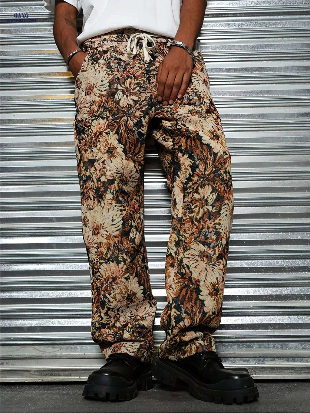 Men's Casual Floral Print Pants - Drawstring Waist, Comfortable Fit   OAXG 