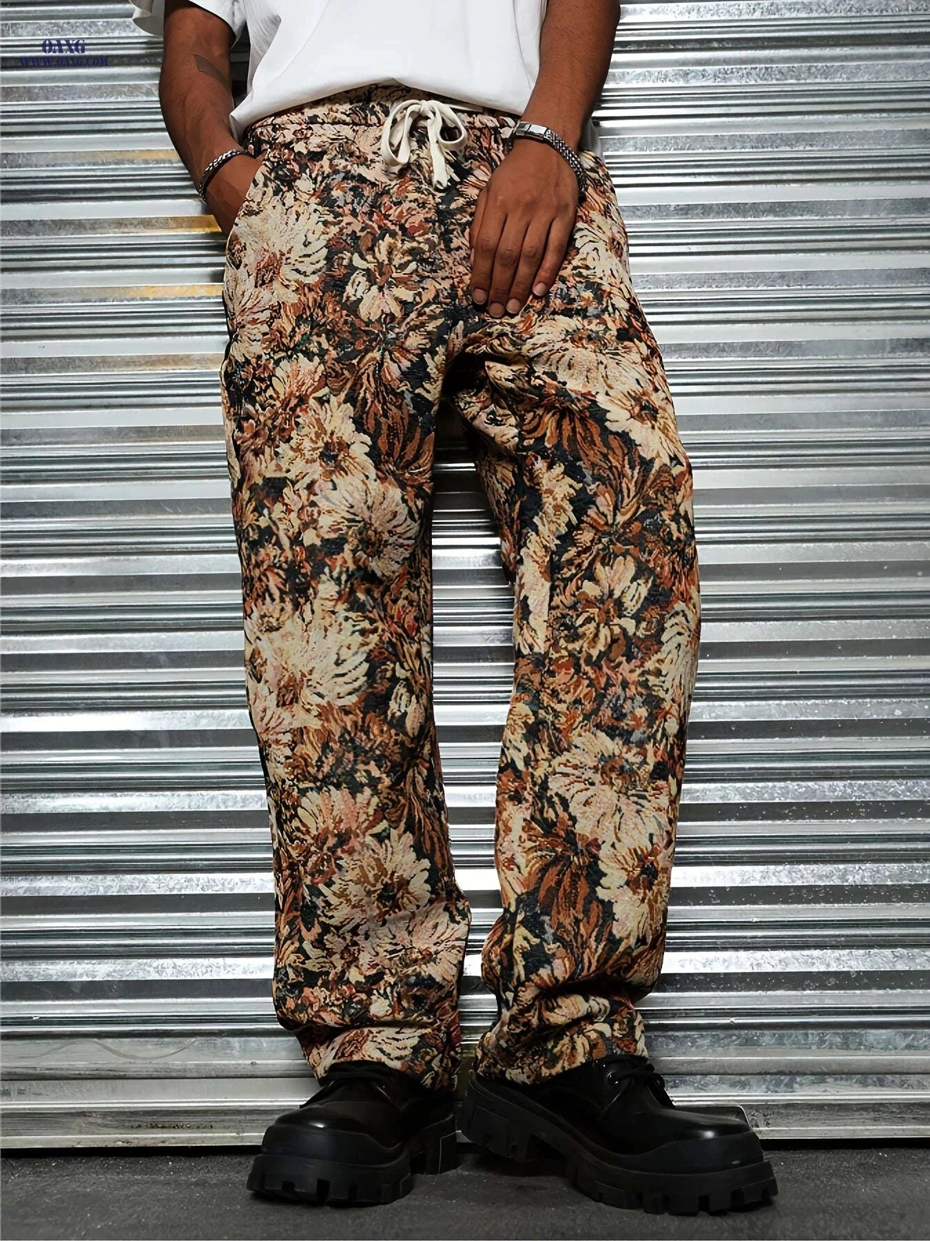 Men's Casual Floral Print Pants - Drawstring Waist, Comfortable Fit   OAXG 
