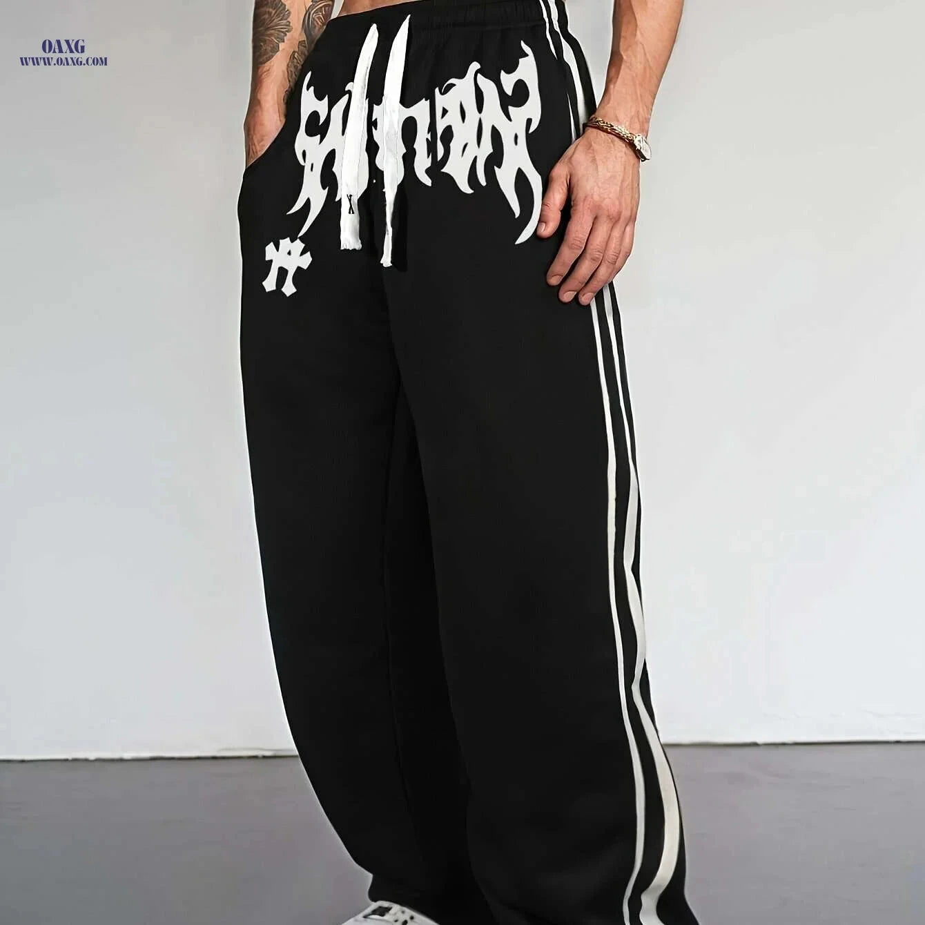 Men's Casual Geometric Jogger Pants - Black & White Stripes, Elastic Waist   OAXG Black / S