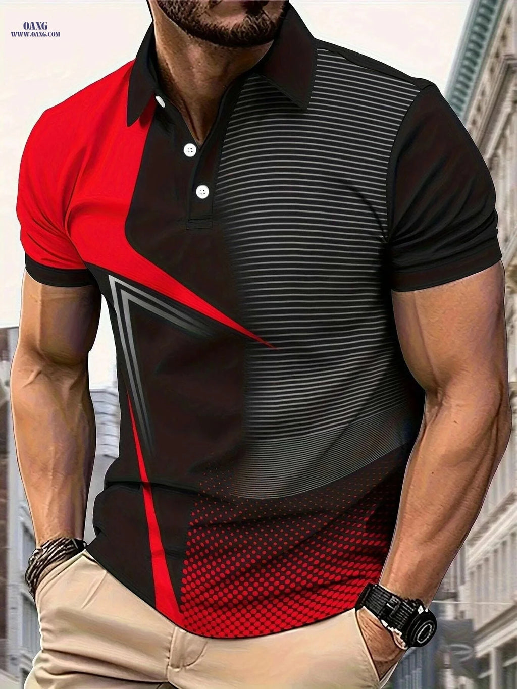 Men's Casual Golf Shirt - Geometric Print, Short Sleeve Lapel Style   OAXG Black Orange / M