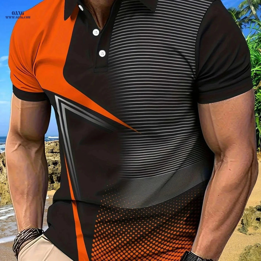 Men's Casual Golf Shirt - Geometric Print, Short Sleeve Lapel Style   OAXG Black Orange / M