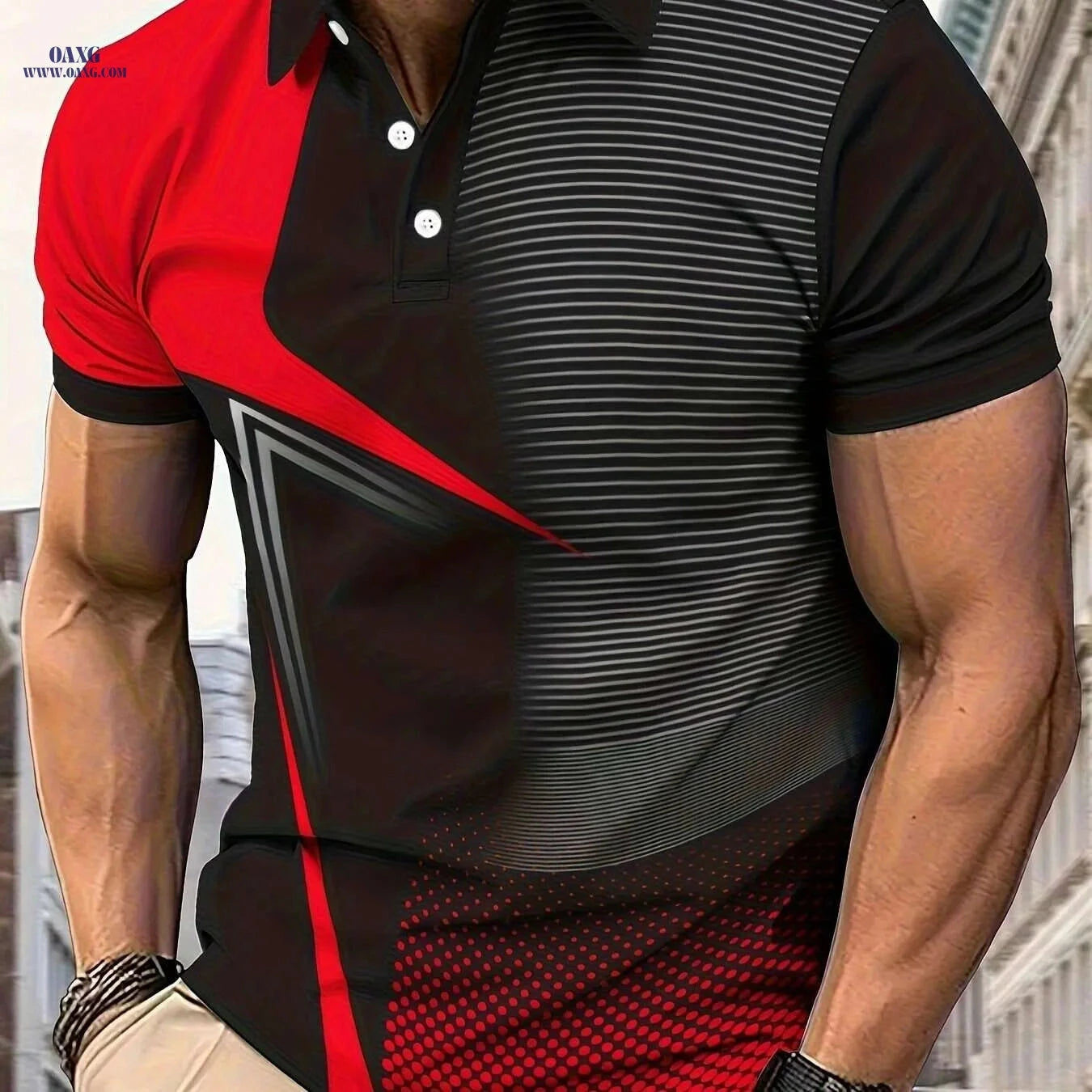 Men's Casual Golf Shirt - Geometric Print, Short Sleeve Lapel Style   OAXG Black Orange / M