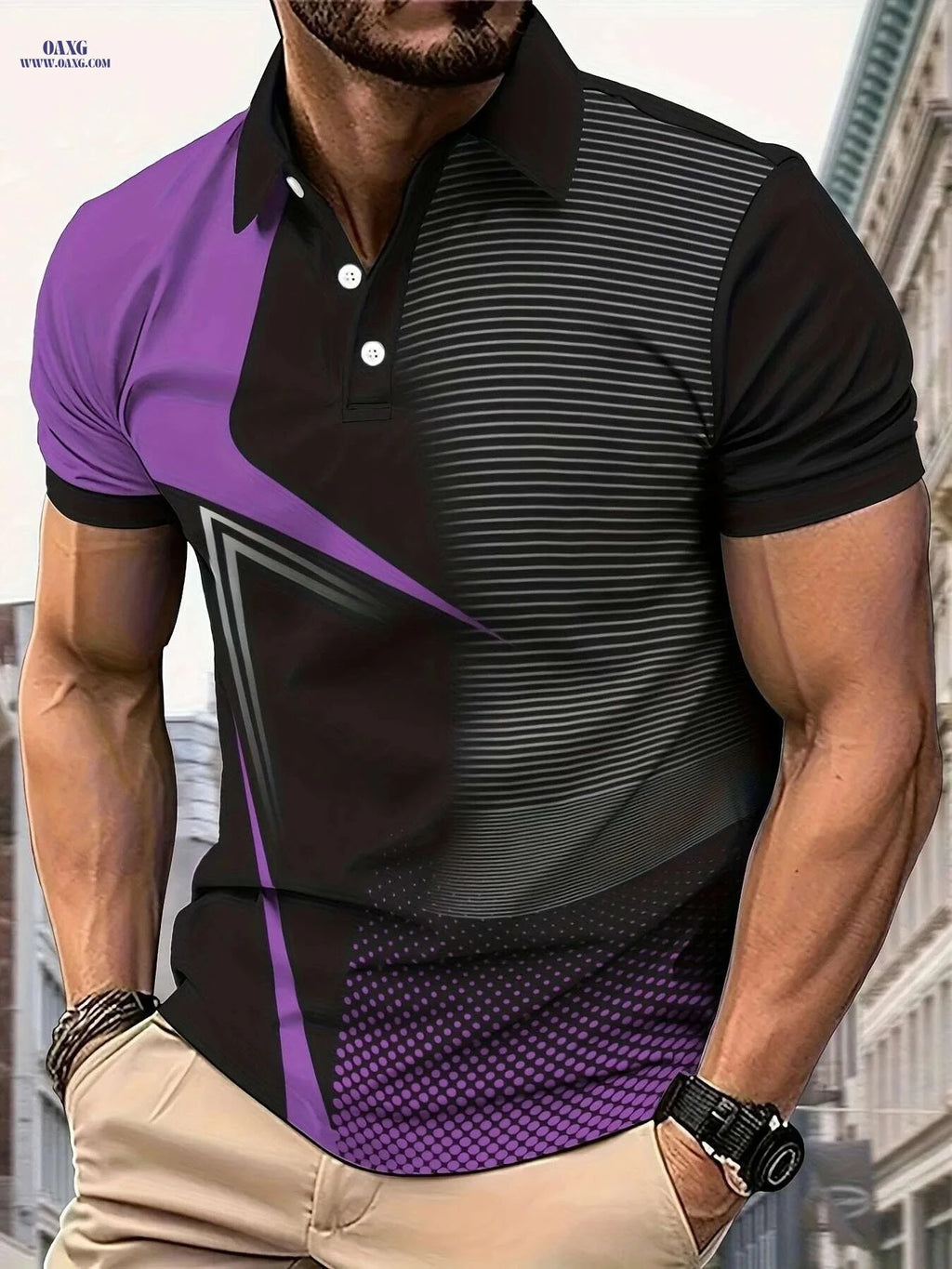 Men's Casual Golf Shirt - Geometric Print, Short Sleeve Lapel Style   OAXG 