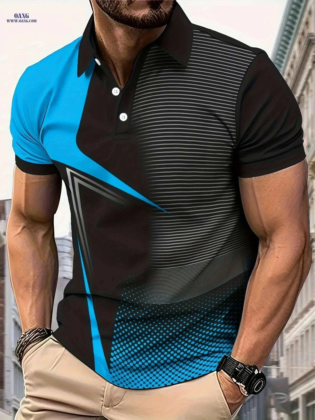 Men's Casual Golf Shirt - Geometric Print, Short Sleeve Lapel Style   OAXG 