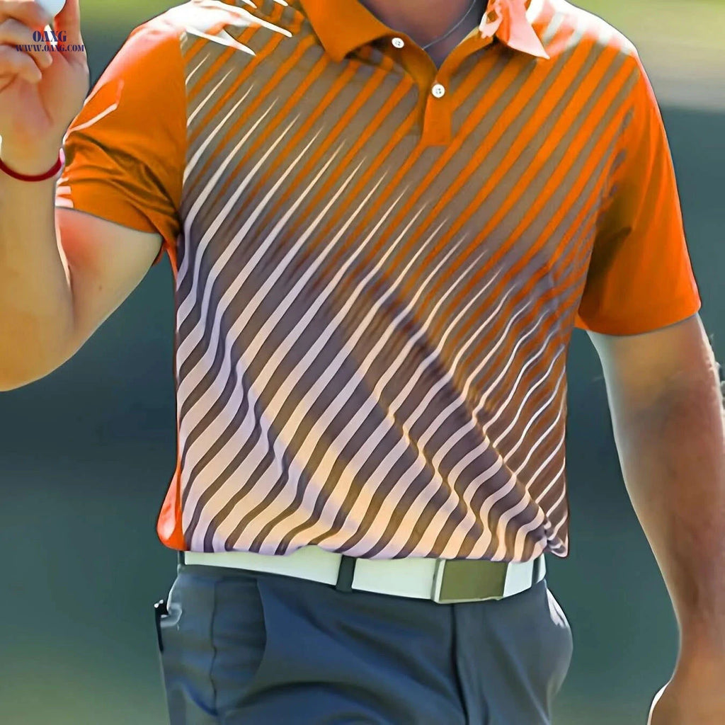 Men's Casual Golf Shirt - Short Sleeve Striped Button-Up, All-Season Comfort   OAXG Chocolate / S