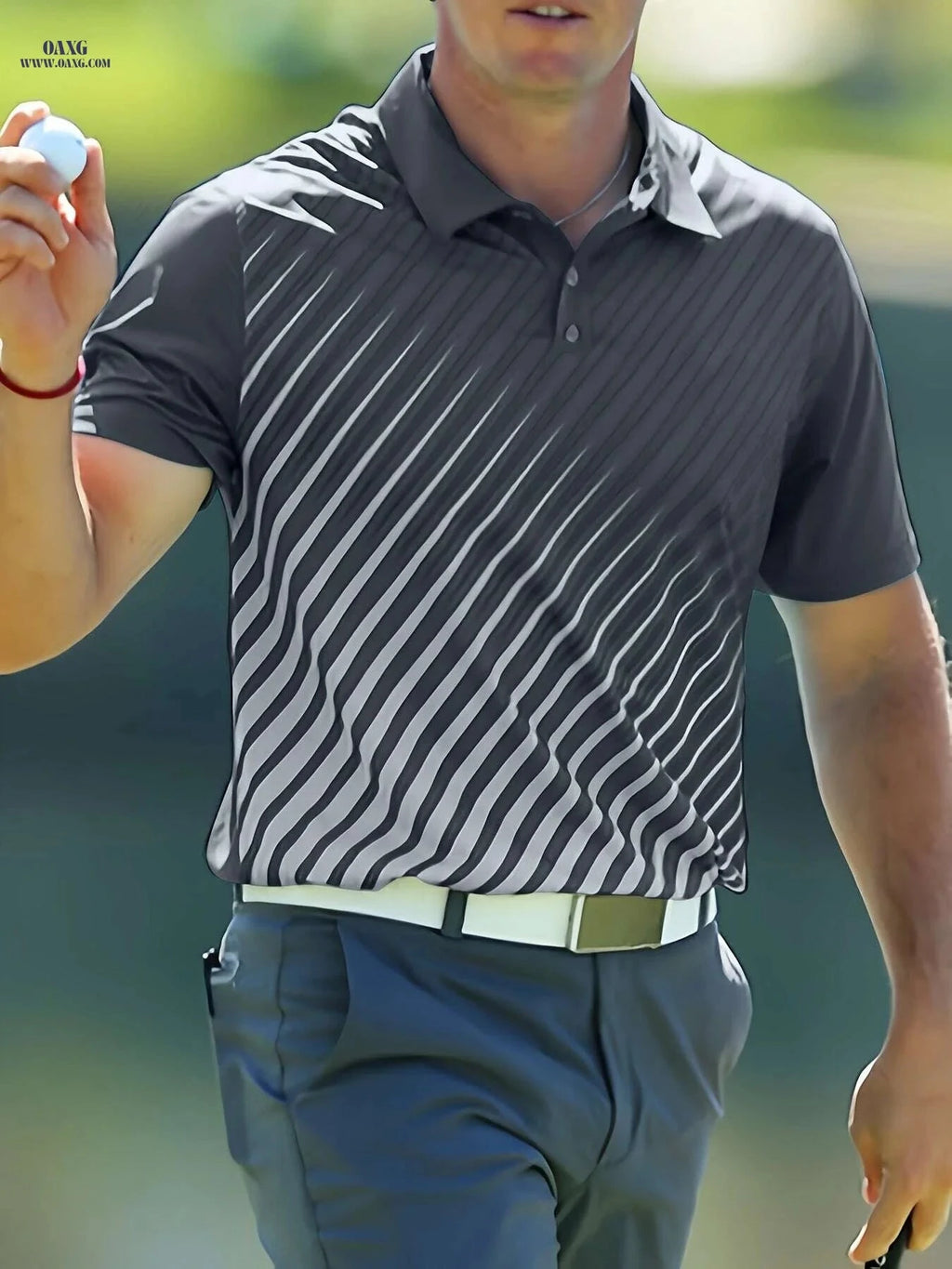 Men's Casual Golf Shirt - Short Sleeve Striped Button-Up, All-Season Comfort   OAXG Chocolate / S