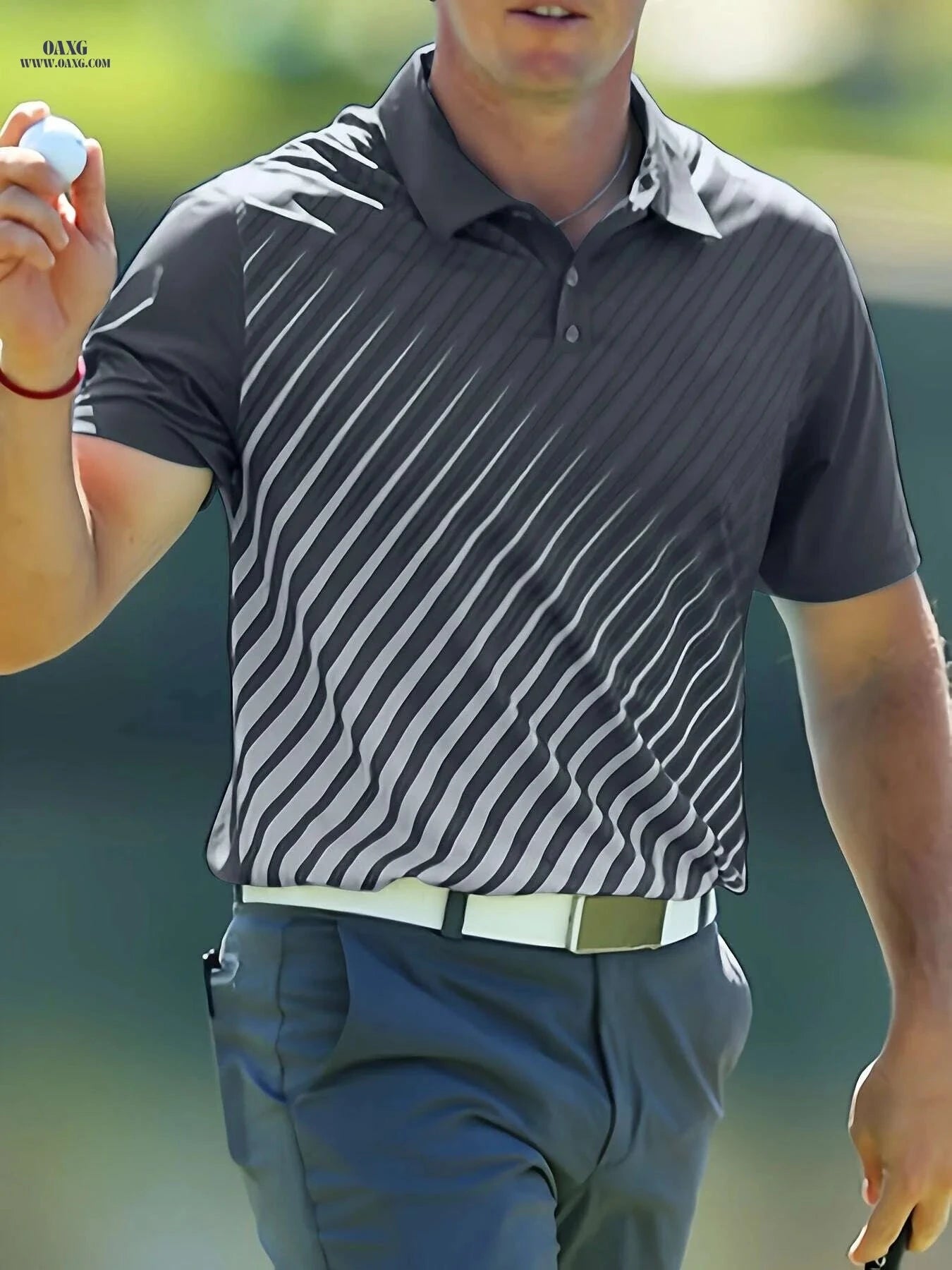 Men's Casual Golf Shirt - Short Sleeve Striped Button-Up, All-Season Comfort   OAXG Chocolate / S
