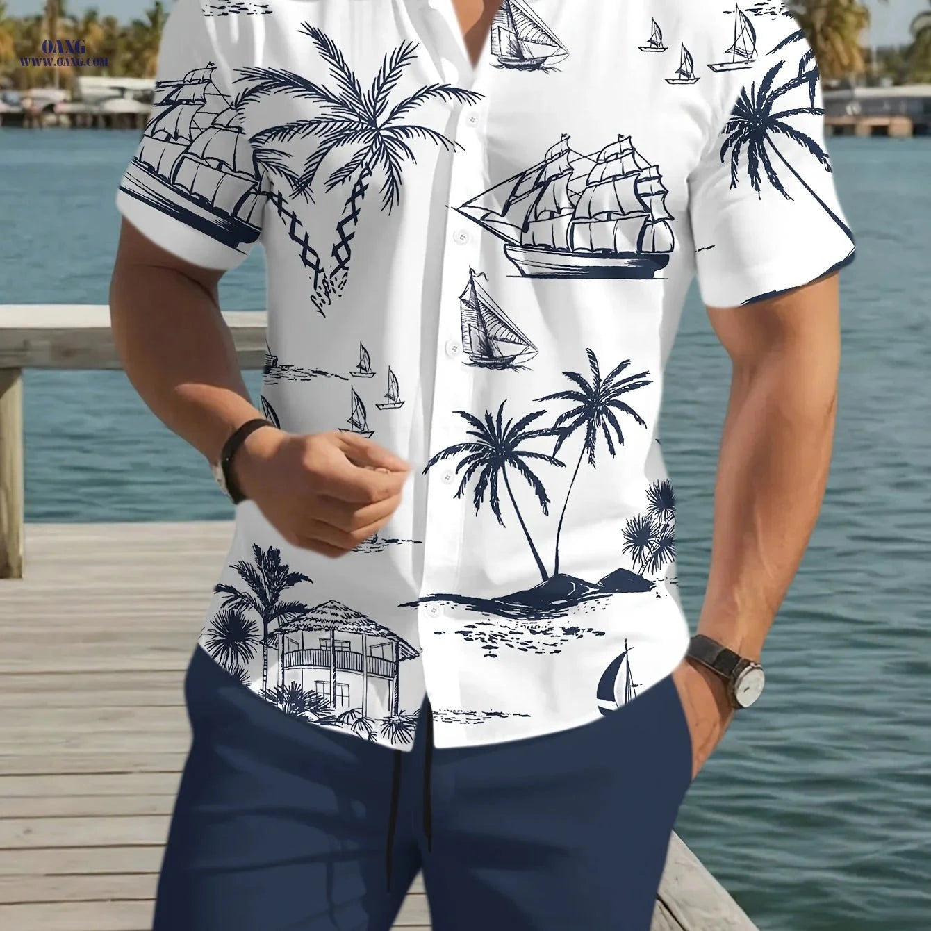 Men's Casual Hawaiian Shirt and Shorts Set - Summer Beach Wear   OAXG Royal Blue / FR S