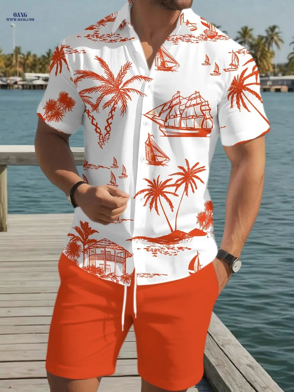 Men's Casual Hawaiian Shirt and Shorts Set - Summer Beach Wear   OAXG Royal Blue / FR S