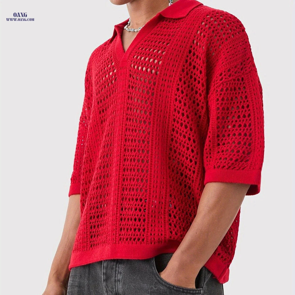Men's Casual Hollow-Knit Sports Sweater - Stylish Polo Collar Fit   OAXG Red / FR S