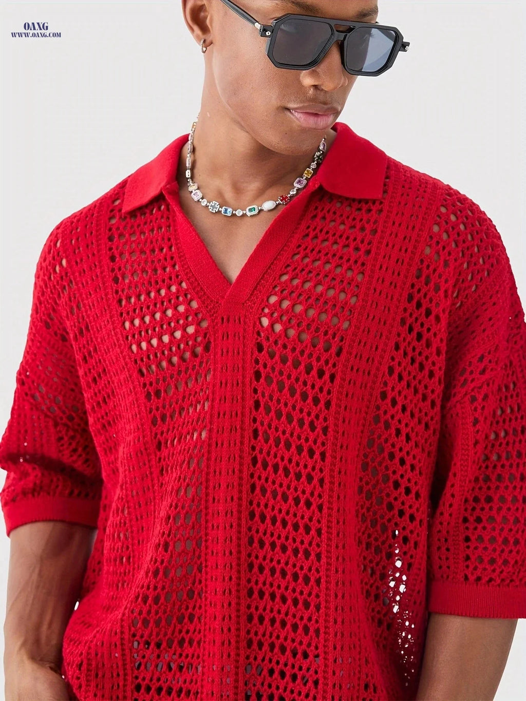 Men's Casual Hollow-Knit Sports Sweater - Stylish Polo Collar Fit   OAXG Red / FR S