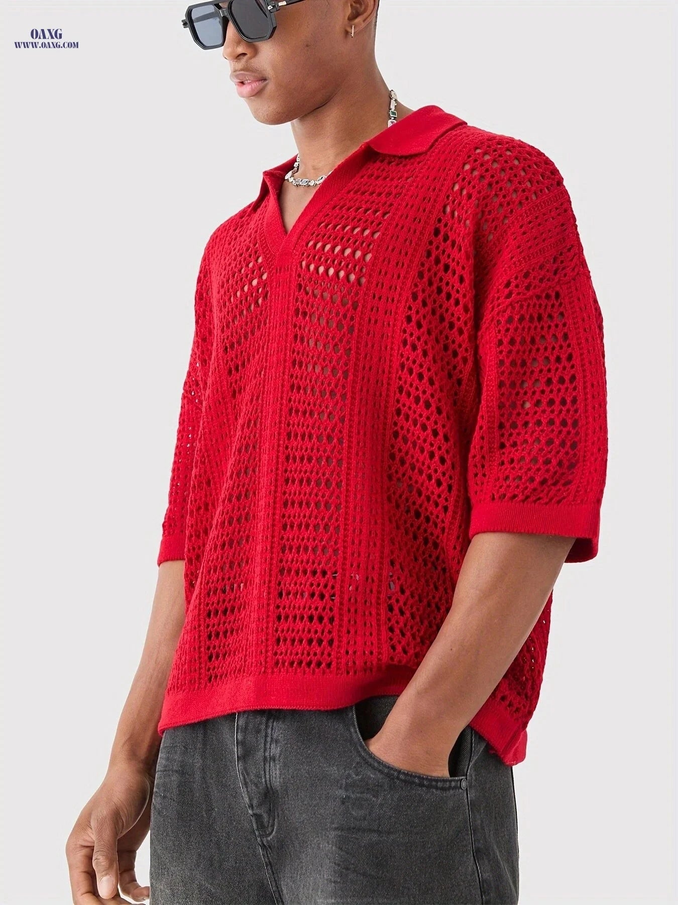Men's Casual Hollow-Knit Sports Sweater - Stylish Polo Collar Fit   OAXG Red / FR S