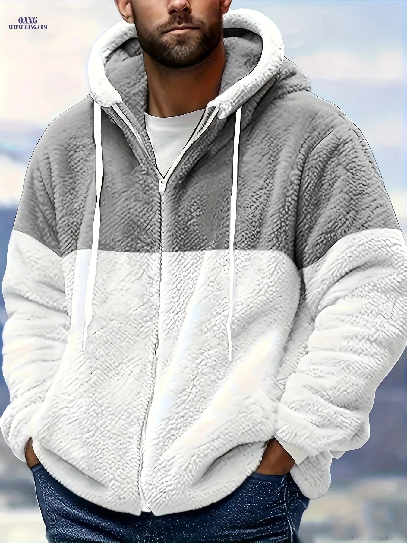 Men's Casual Hooded Jacket - 100% Polyester Zip-Up for Fall/Winter   OAXG Light Grey / FR S