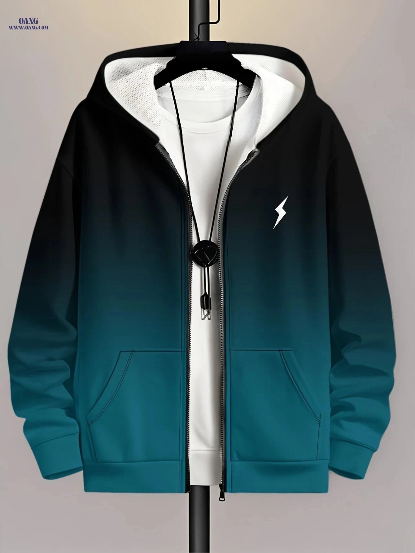 Men's Casual Hooded Jacket - Blue Gradient Lightning Logo Zip-Up   OAXG 