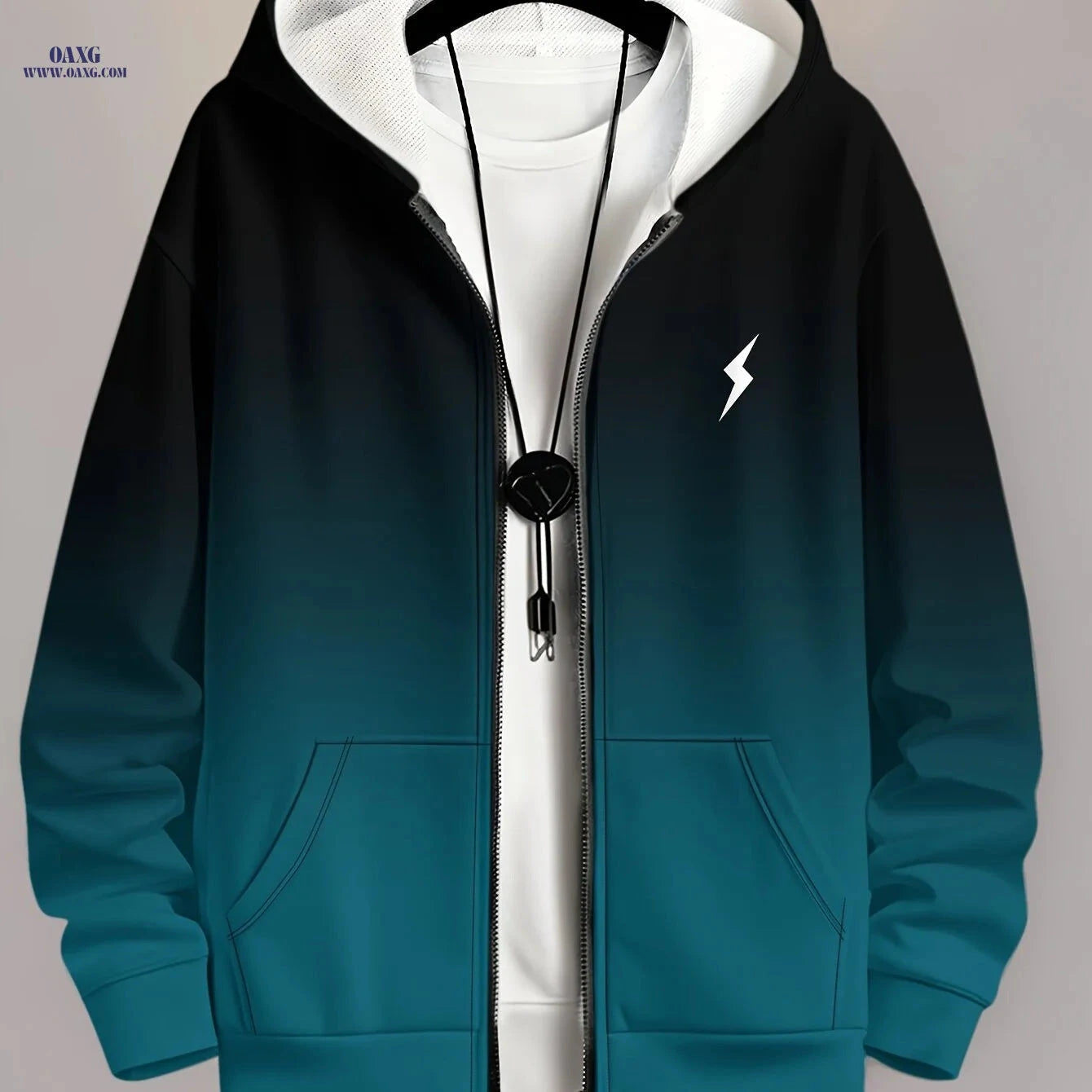 Men's Casual Hooded Jacket - Blue Gradient Lightning Logo Zip-Up   OAXG Navy Blue / FR XXL