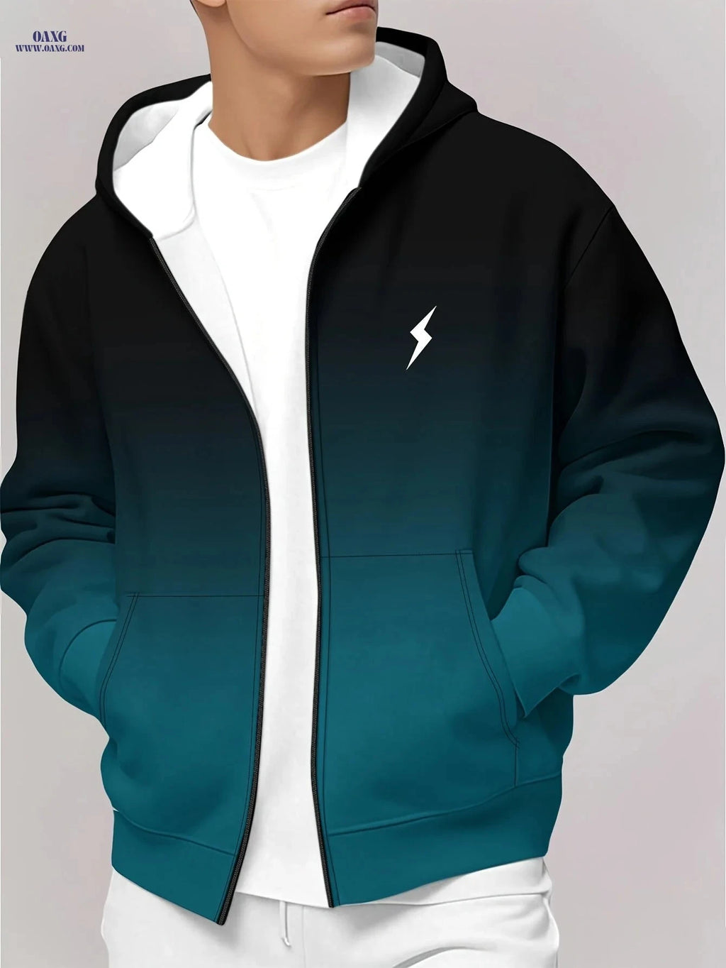 Men's Casual Hooded Jacket - Blue Gradient Lightning Logo Zip-Up   OAXG 