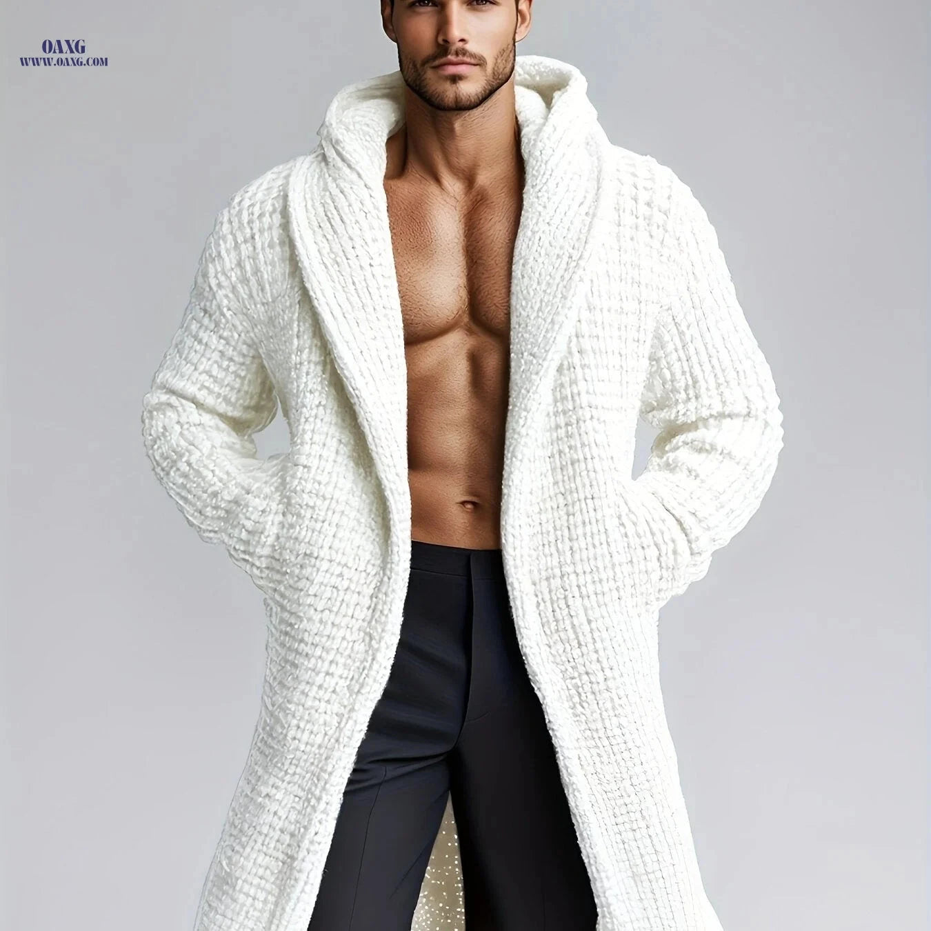 Men's Casual Hooded Knit Sweater - Warm, Stylish with Pockets   OAXG 