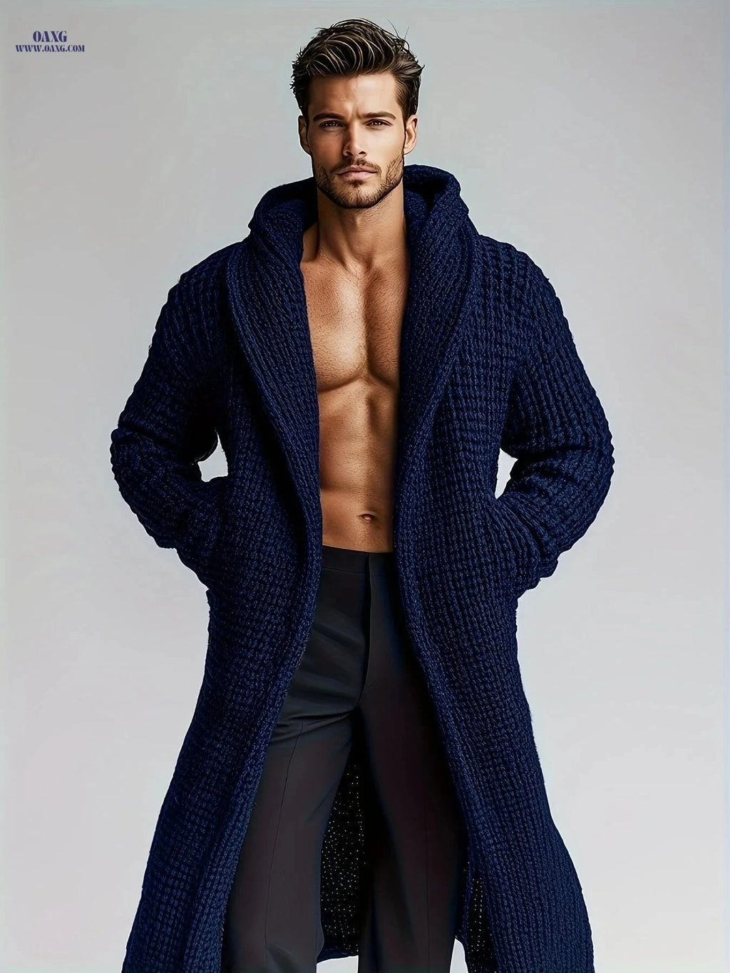 Men's Casual Hooded Knit Sweater - Warm, Stylish with Pockets   OAXG 