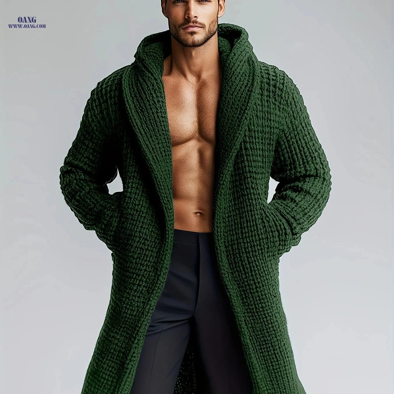 Men's Casual Hooded Knit Sweater - Warm, Stylish with Pockets   OAXG 