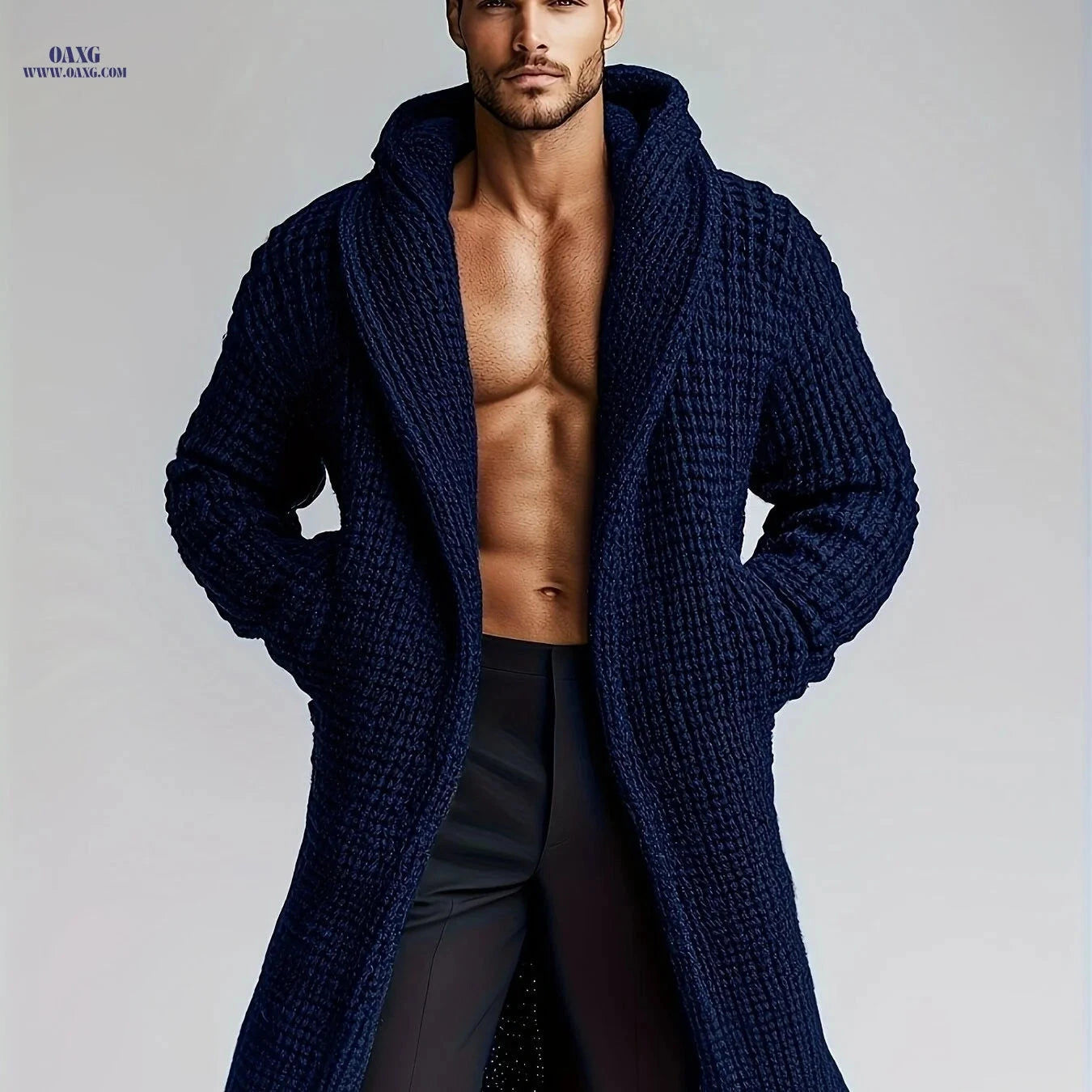 Men's Casual Hooded Knit Sweater - Warm, Stylish with Pockets   OAXG 