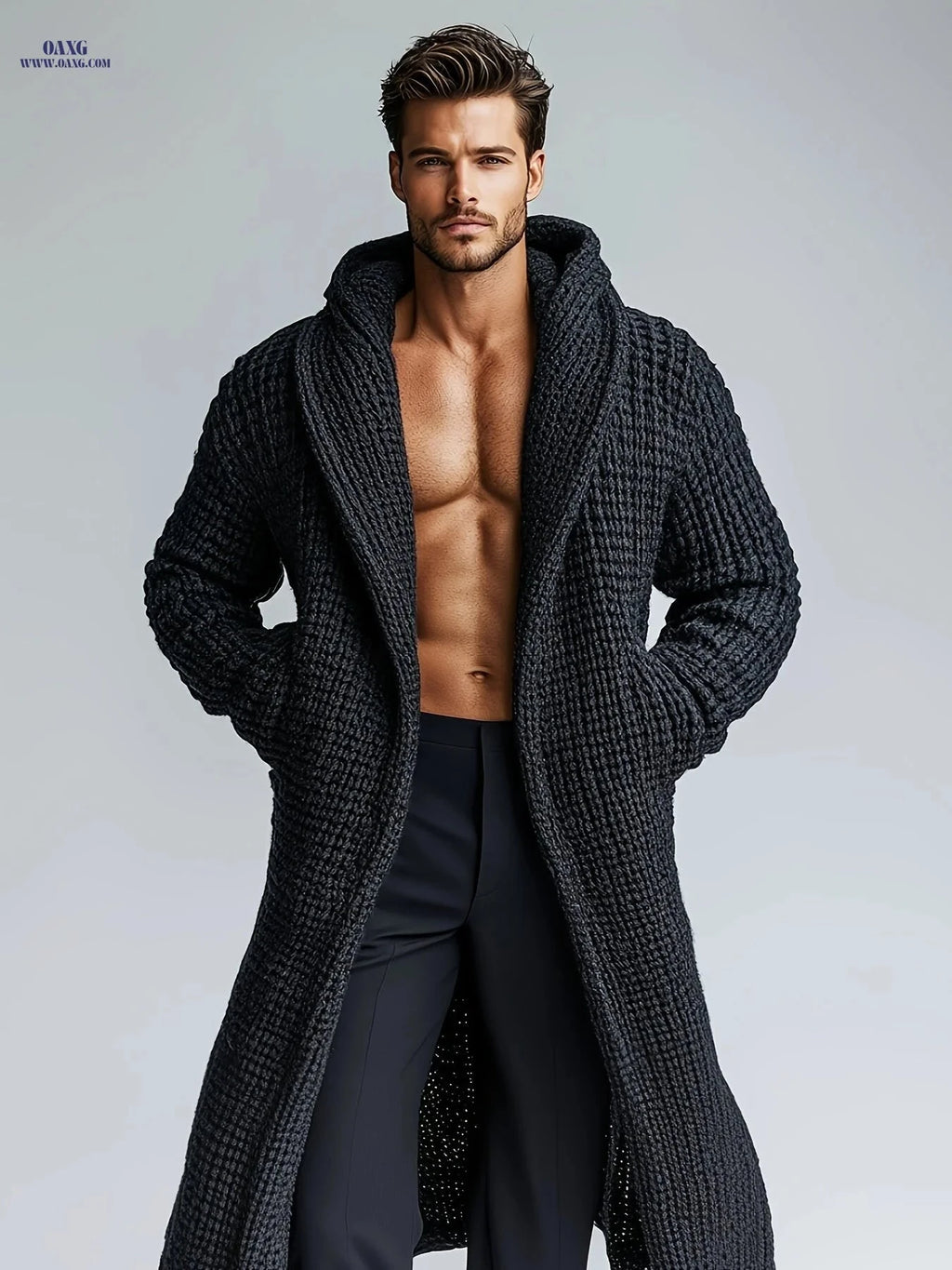 Men's Casual Hooded Knit Sweater - Warm, Stylish with Pockets   OAXG 
