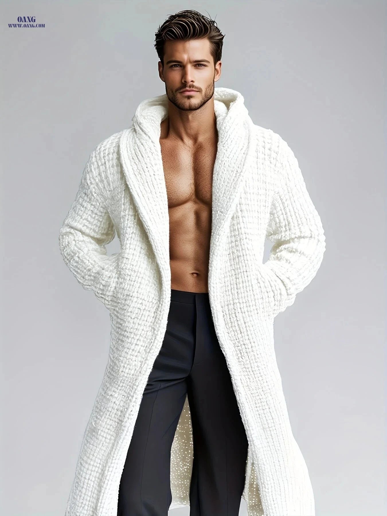 Men's Casual Hooded Knit Sweater - Warm, Stylish with Pockets   OAXG 