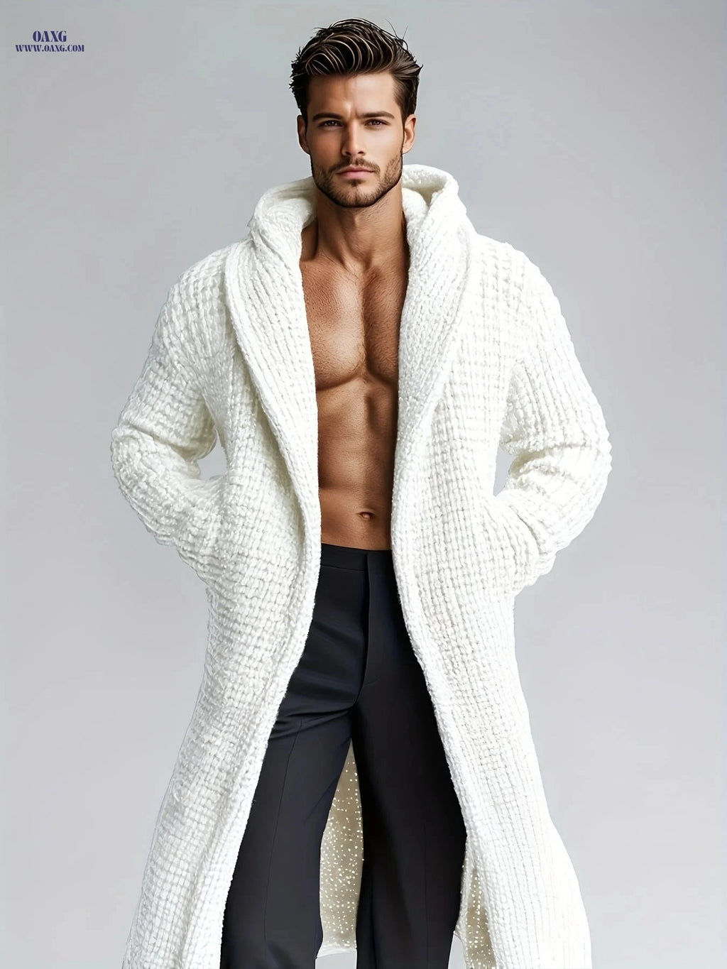Men's Casual Hooded Knit Sweater - Warm, Stylish with Pockets   OAXG 