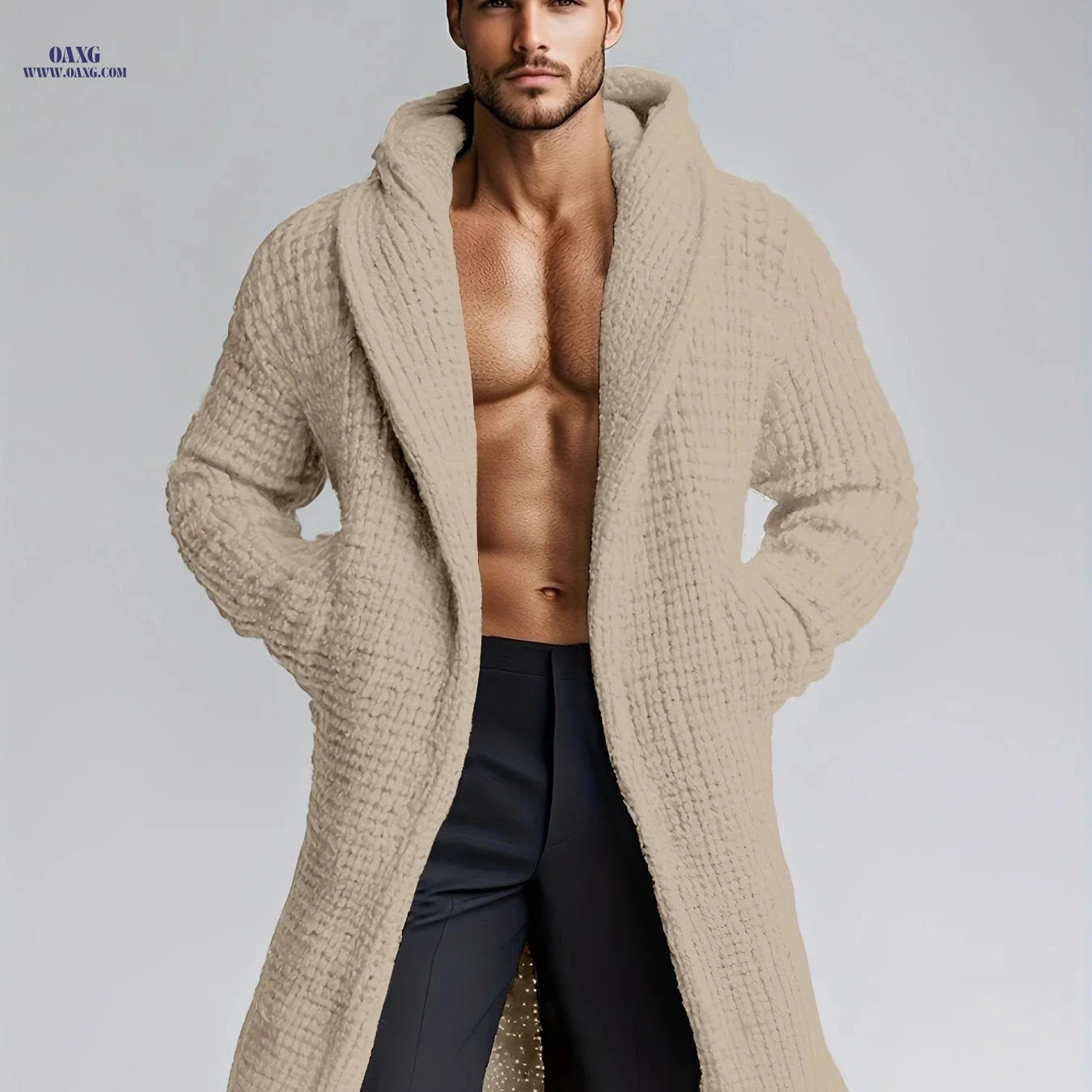 Men's Casual Hooded Knit Sweater - Warm, Stylish with Pockets   OAXG 