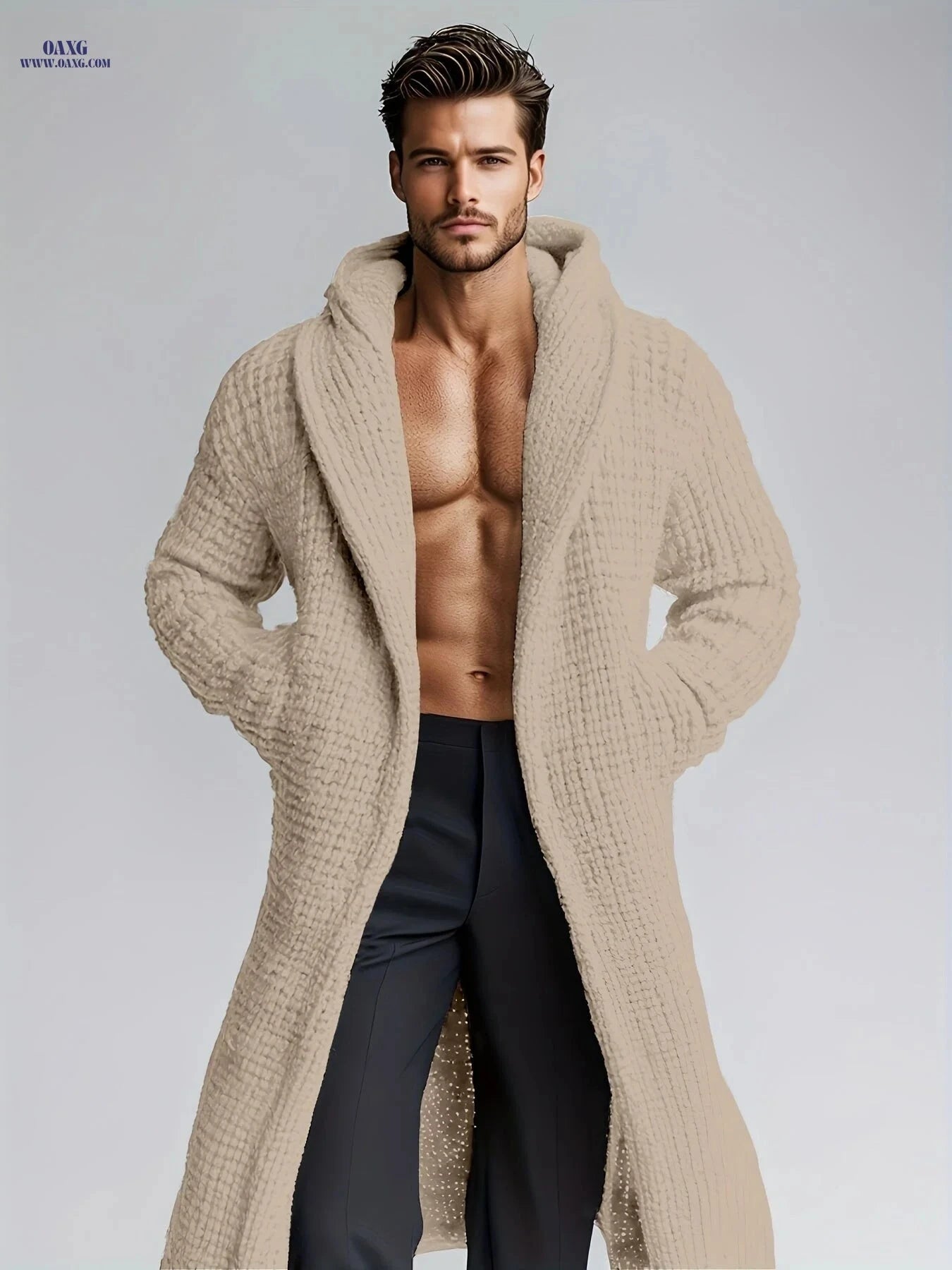 Men's Casual Hooded Knit Sweater - Warm, Stylish with Pockets   OAXG 