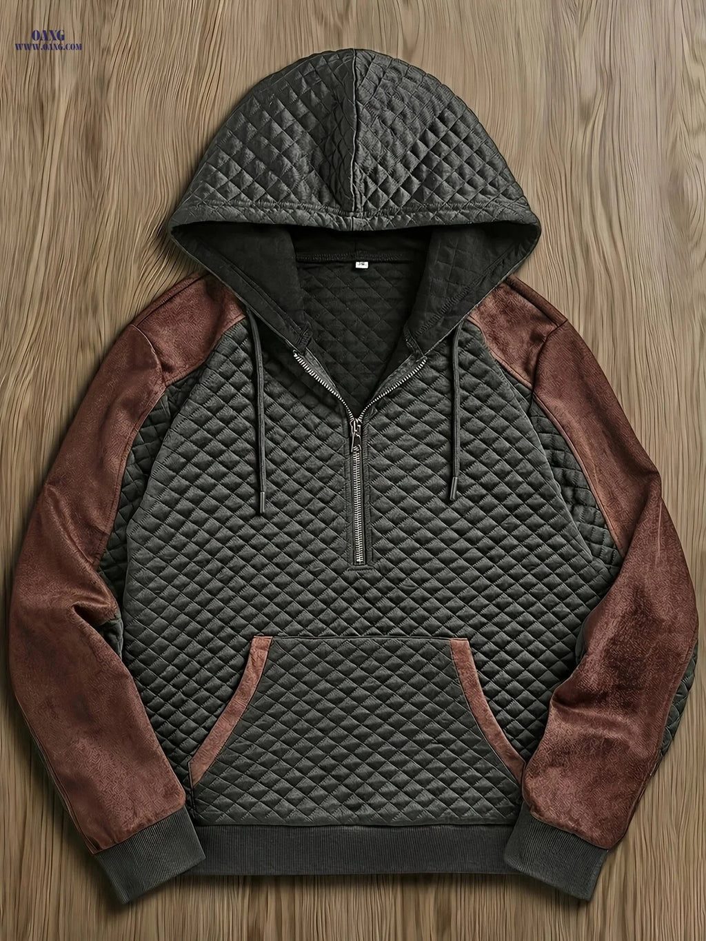 Men's Casual Hooded Pullover - Textured Check Fabric, Long Sleeve   OAXG 
