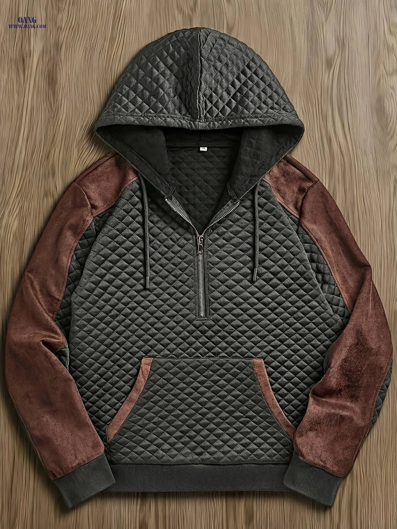 Men's Casual Hooded Pullover - Textured Check Fabric, Long Sleeve   OAXG 