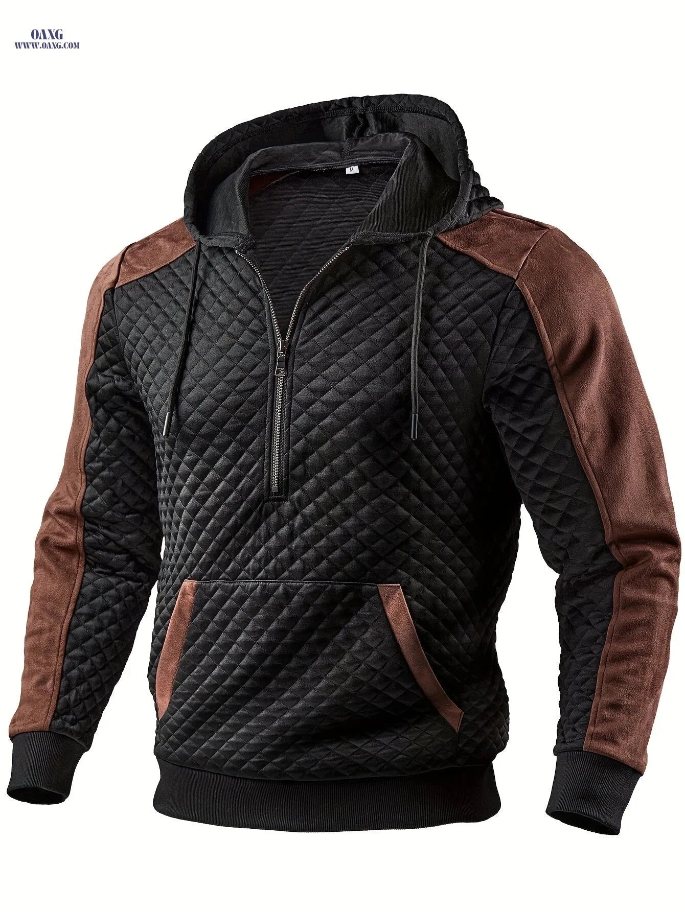 Men's Casual Hooded Pullover - Textured Check Fabric, Long Sleeve   OAXG Black / FR S