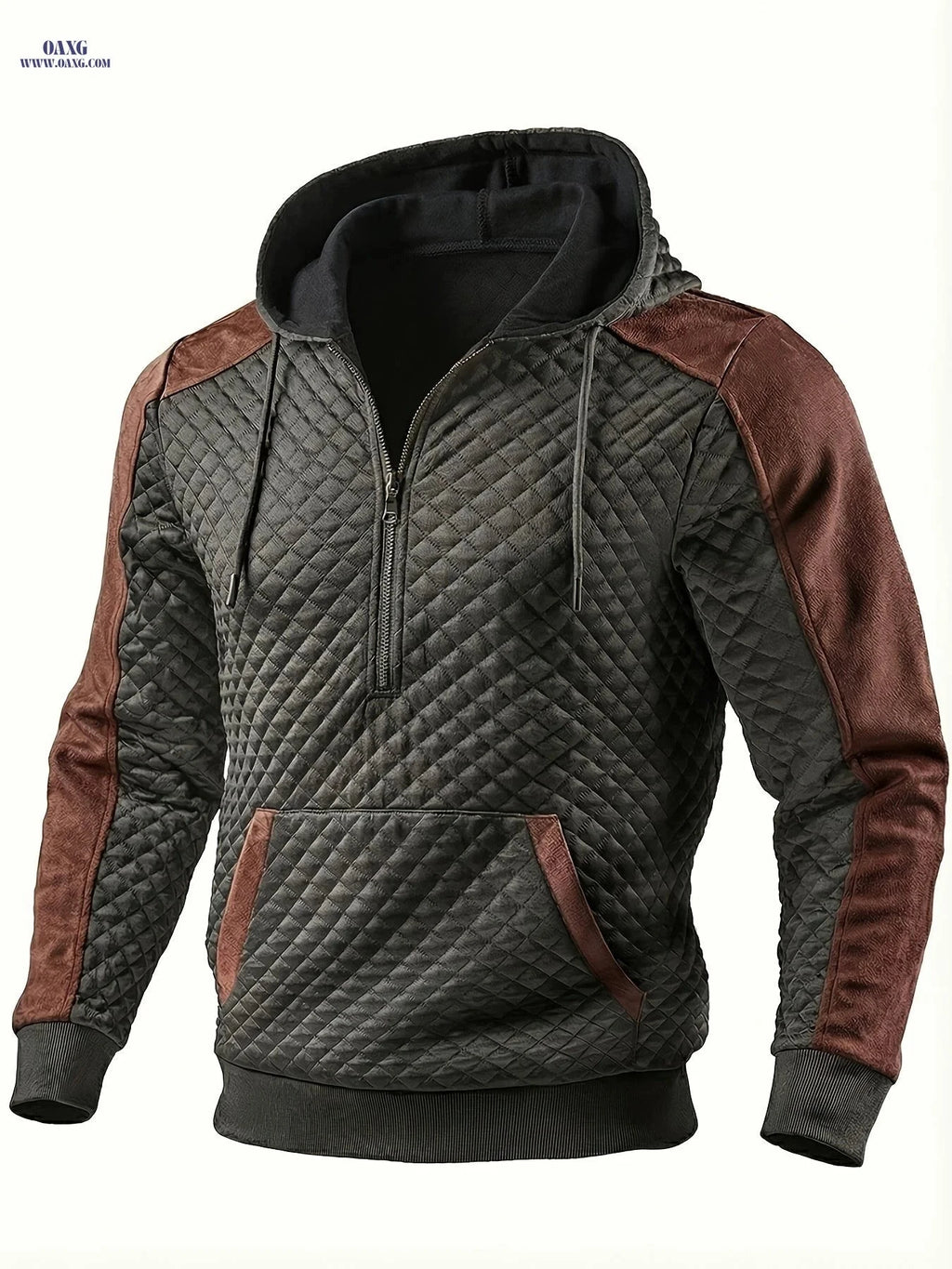 Men's Casual Hooded Pullover - Textured Check Fabric, Long Sleeve   OAXG Black / FR S
