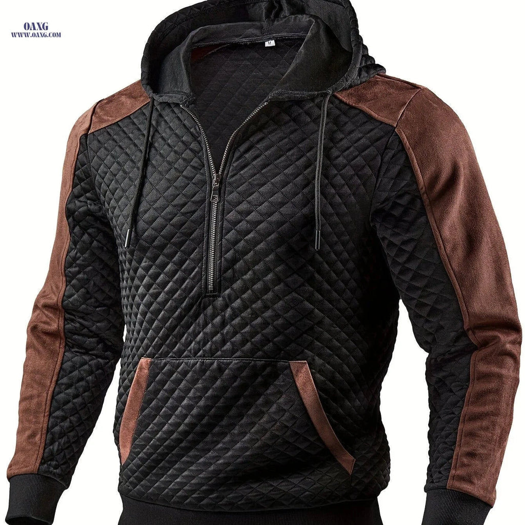 Men's Casual Hooded Pullover - Textured Check Fabric, Long Sleeve   OAXG 