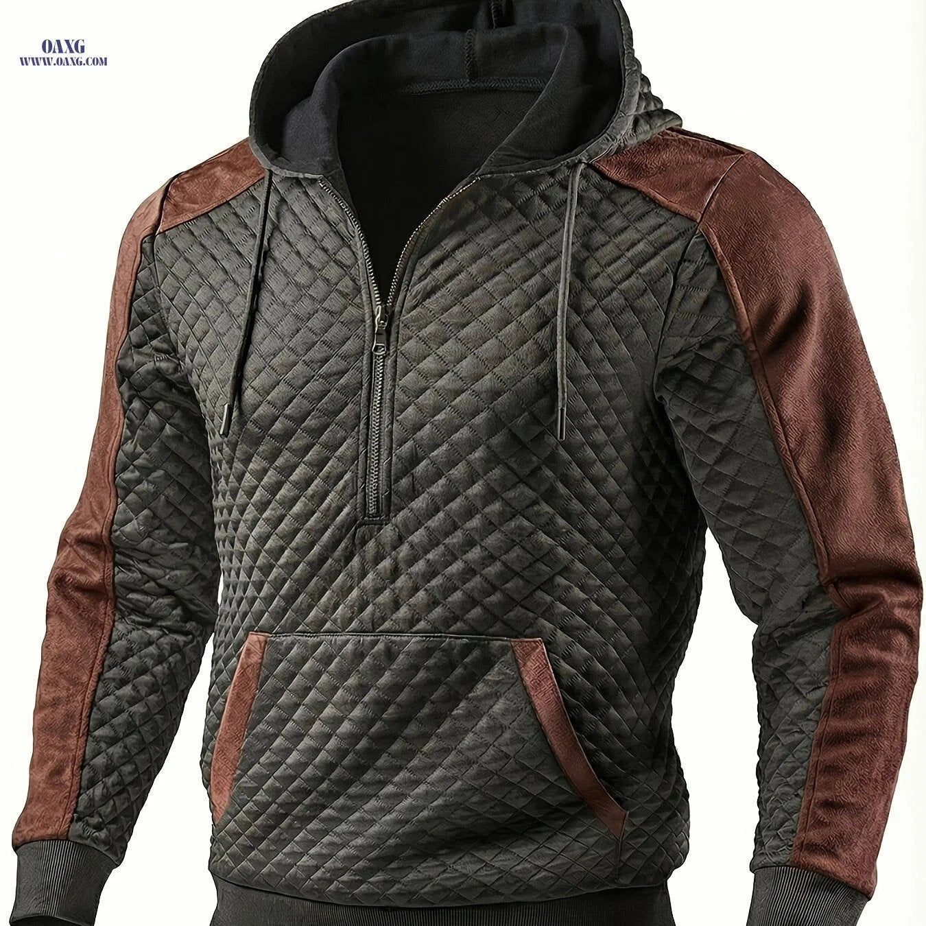 Men's Casual Hooded Pullover - Textured Check Fabric, Long Sleeve   OAXG 