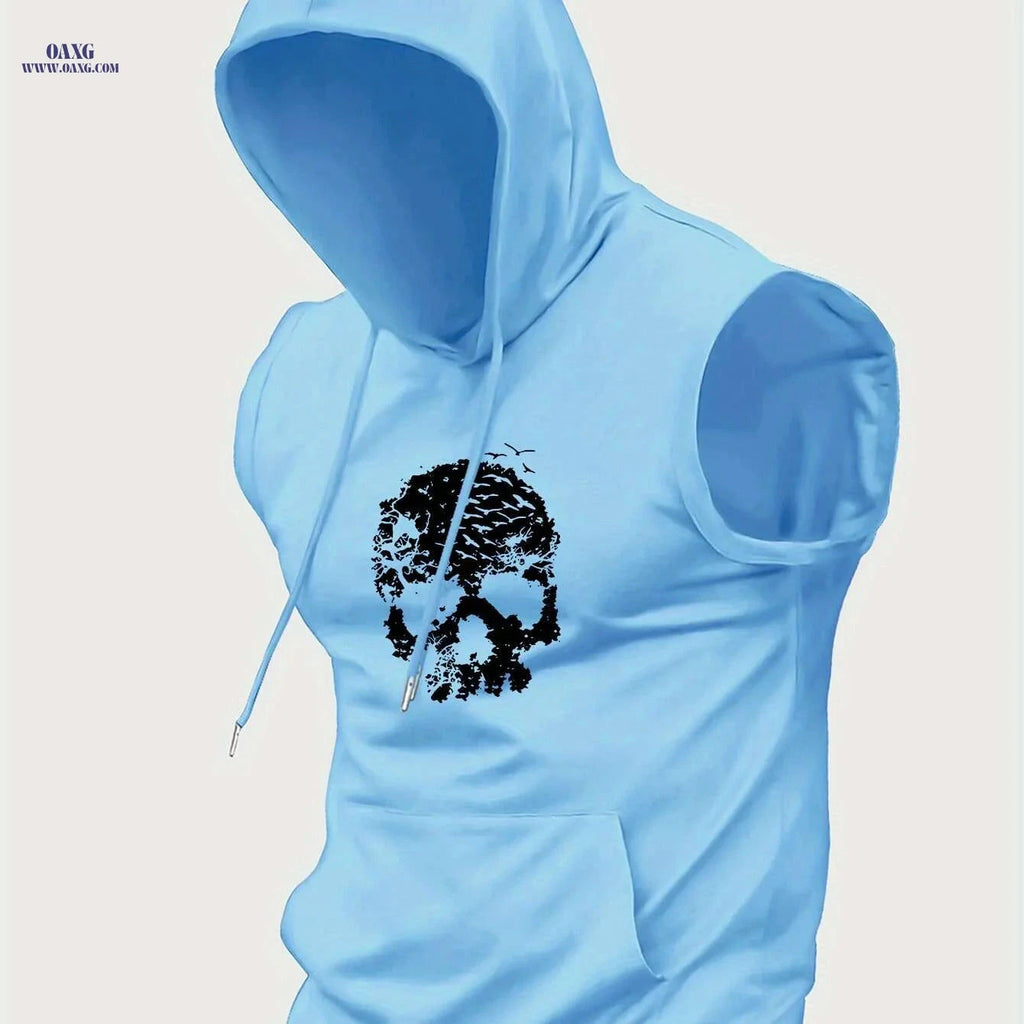Men's Casual Hooded Tank Top - Skull & Birds Print for Summer   OAXG 