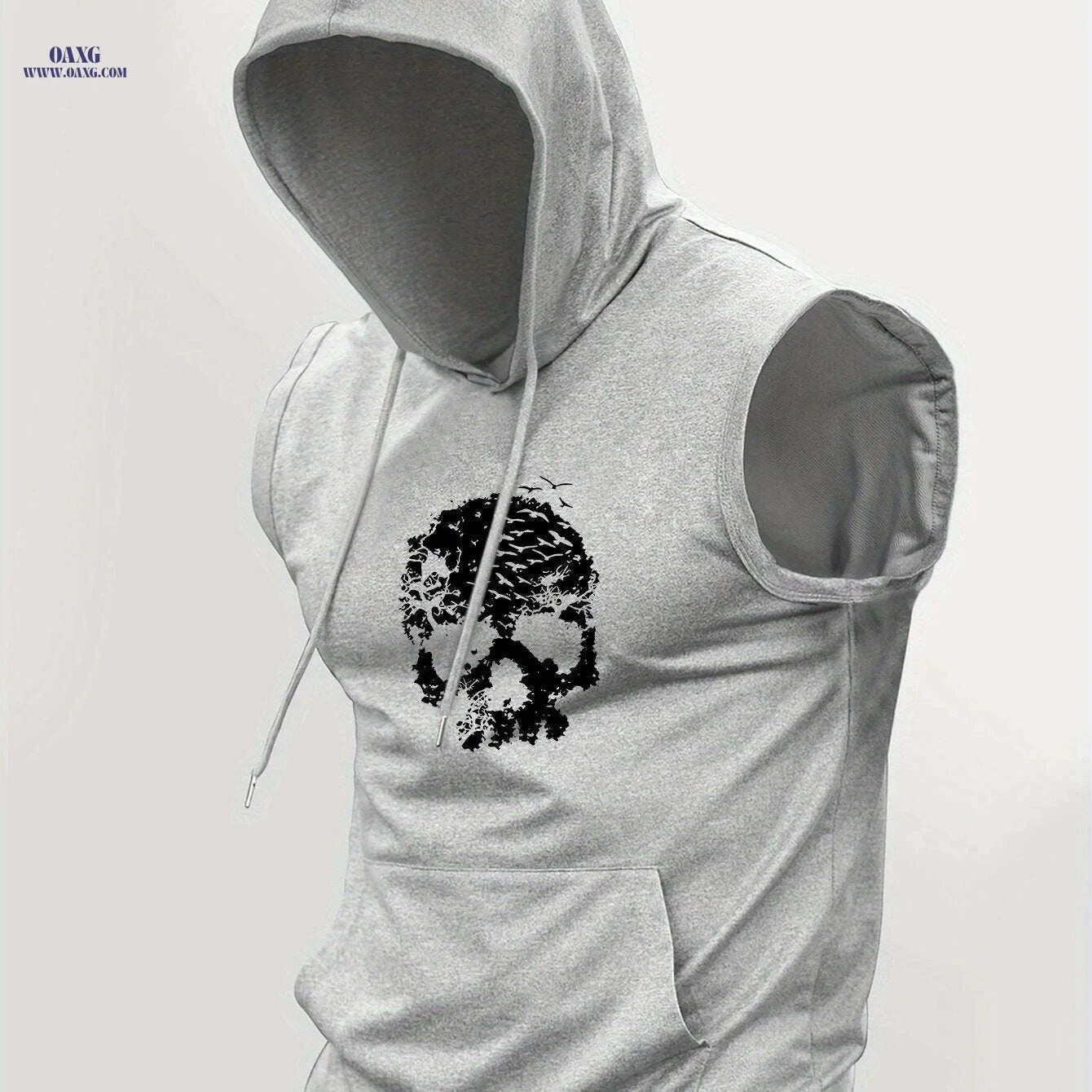 Men's Casual Hooded Tank Top - Skull & Birds Print for Summer   OAXG Light Blue / S