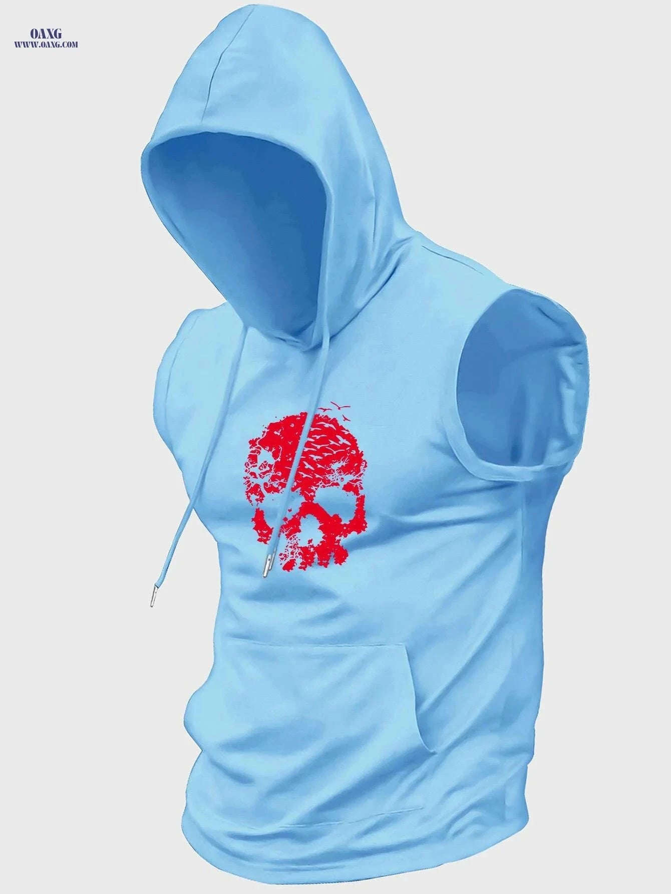 Men's Casual Hooded Tank Top - Skull & Birds Print for Summer   OAXG Light Blue / S