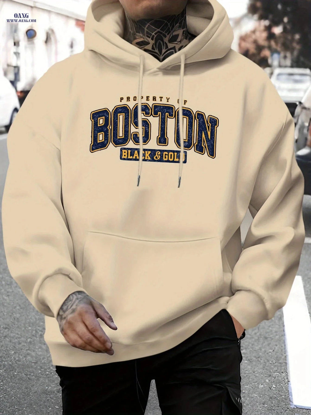 Men's Casual Hoodie - Boston Black & Golden Print, Comfortable Fit   OAXG 