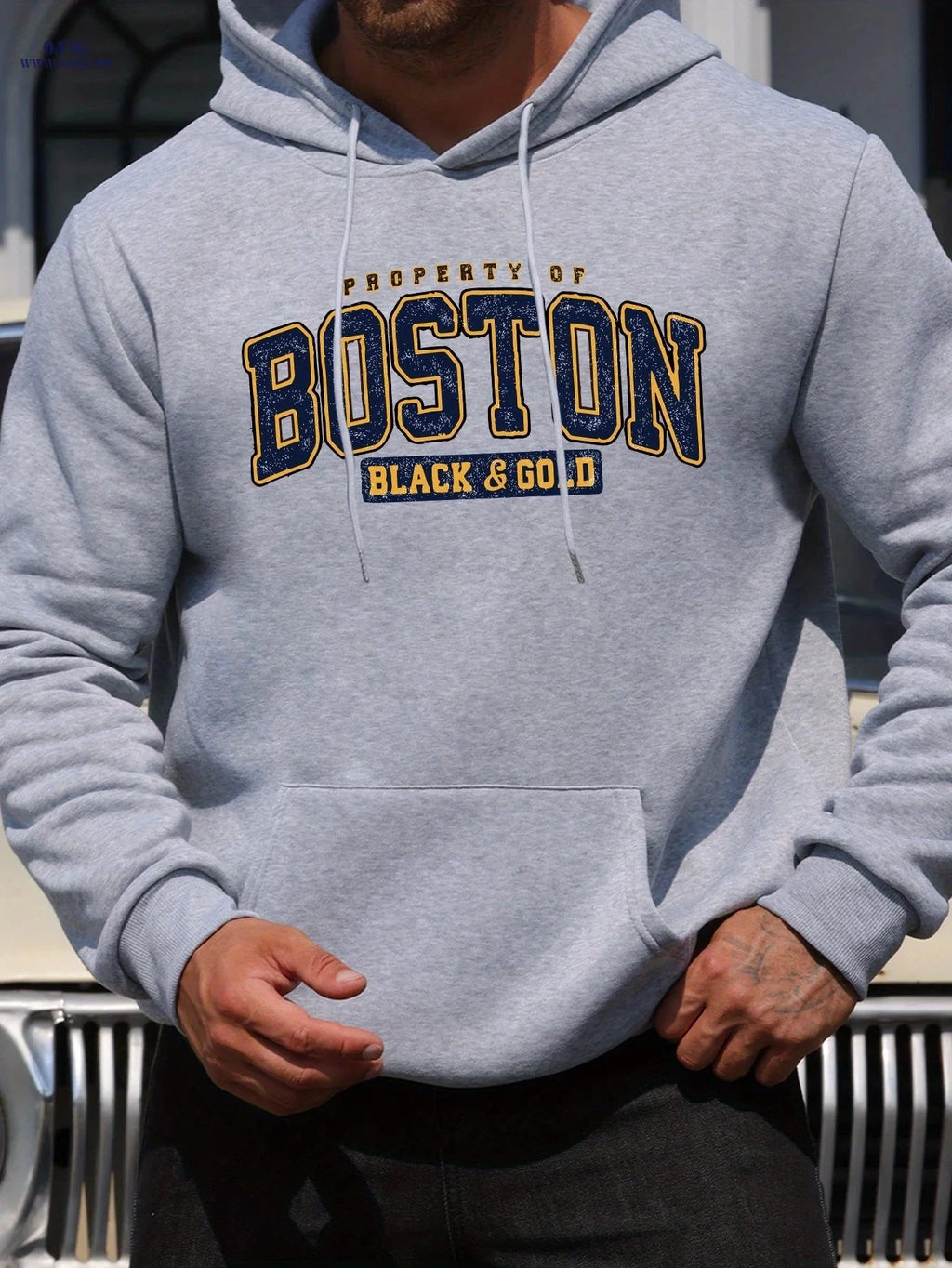 Men's Casual Hoodie - Boston Black & Golden Print, Comfortable Fit   OAXG 