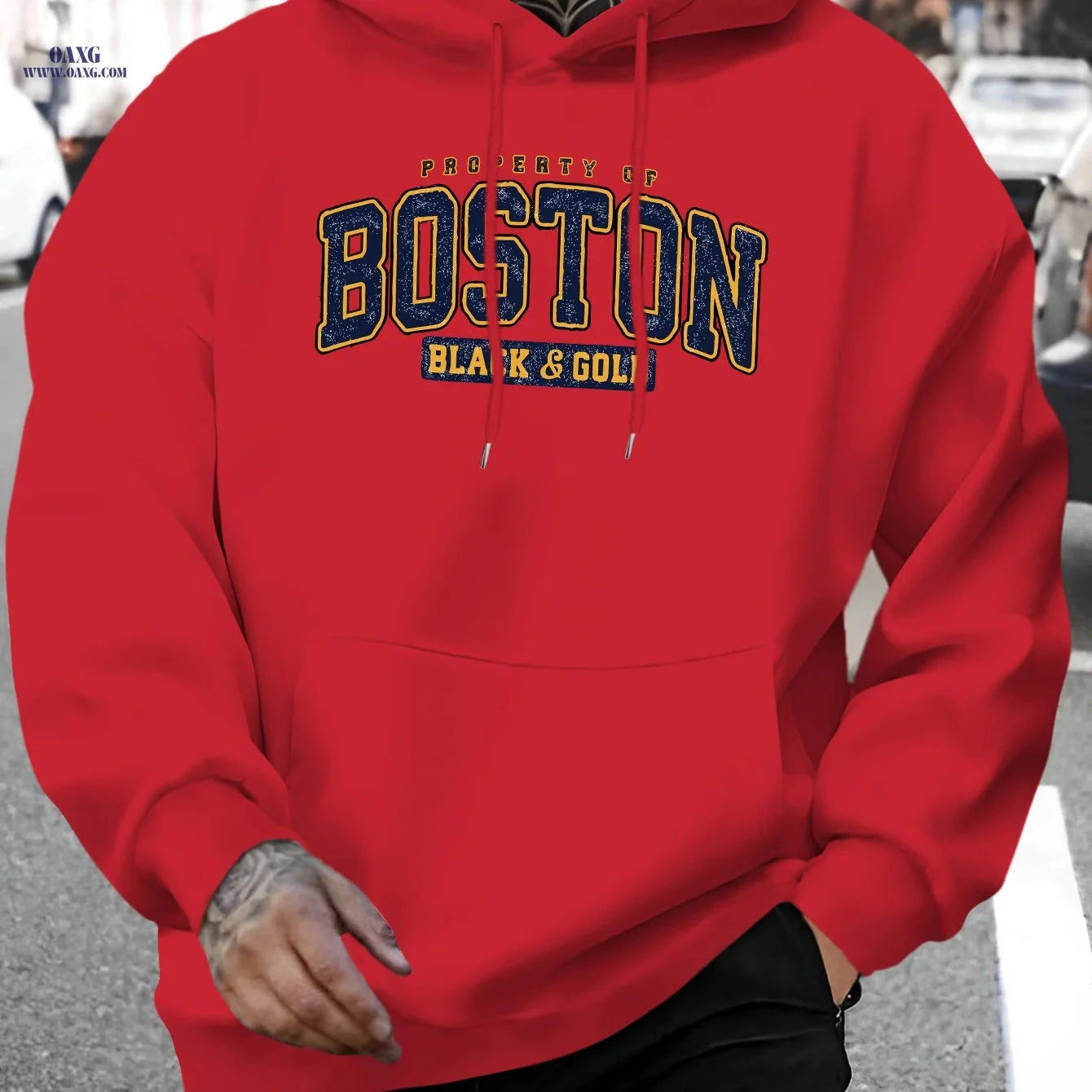 Men's Casual Hoodie - Boston Black & Golden Print, Comfortable Fit   OAXG 