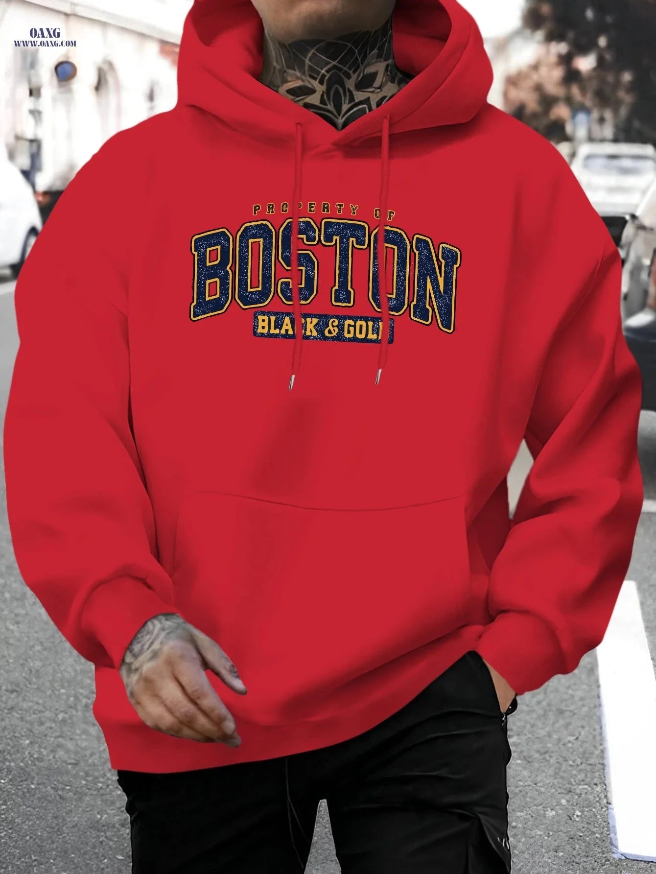 Men's Casual Hoodie - Boston Black & Golden Print, Comfortable Fit   OAXG Black / FR S