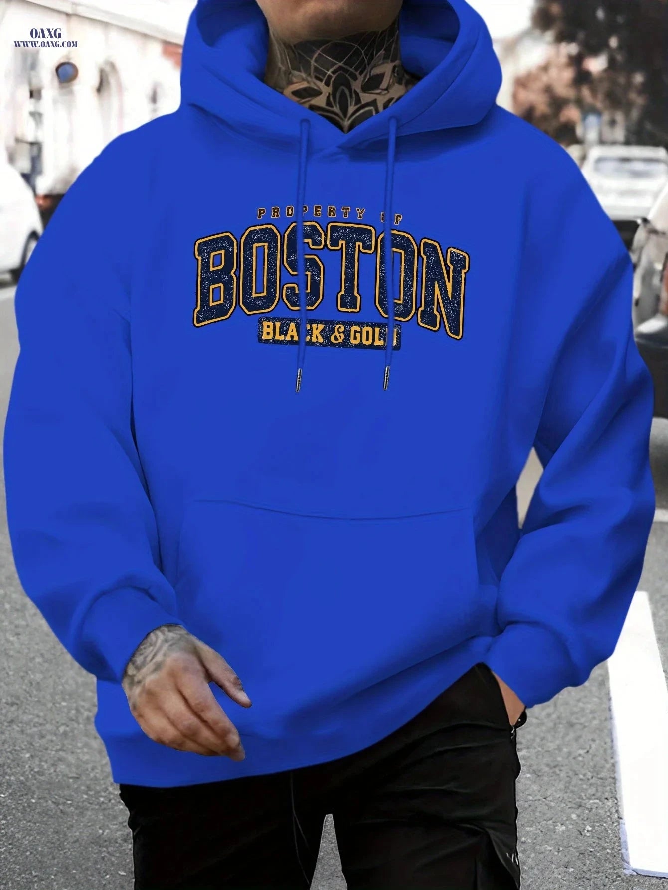 Men's Casual Hoodie - Boston Black & Golden Print, Comfortable Fit   OAXG 
