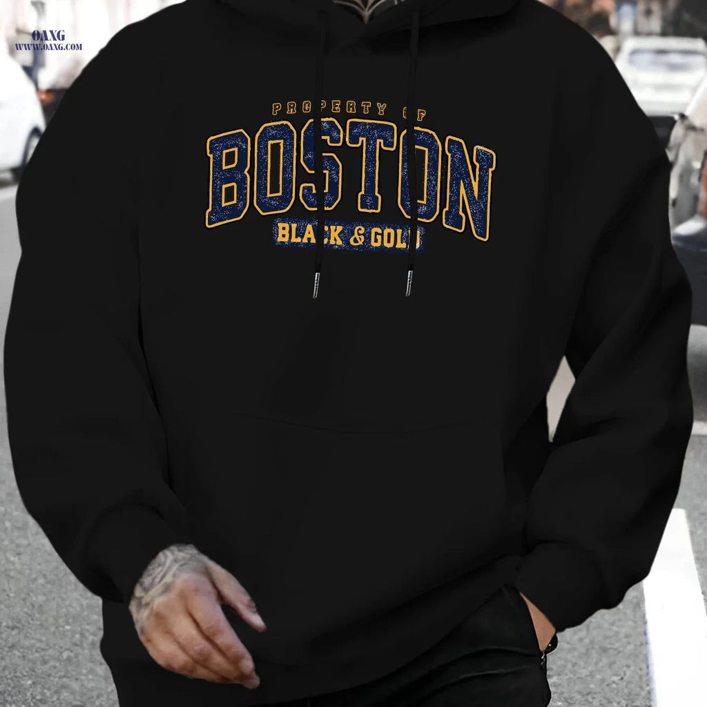 Men's Casual Hoodie - Boston Black & Golden Print, Comfortable Fit   OAXG 