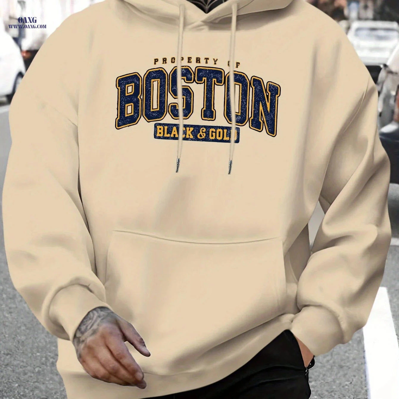 Men's Casual Hoodie - Boston Black & Golden Print, Comfortable Fit   OAXG 