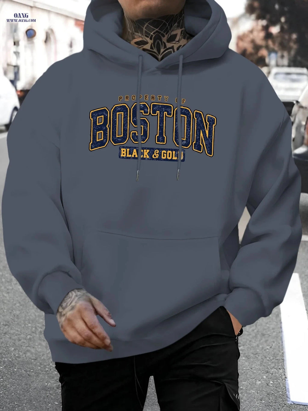 Men's Casual Hoodie - Boston Black & Golden Print, Comfortable Fit   OAXG 