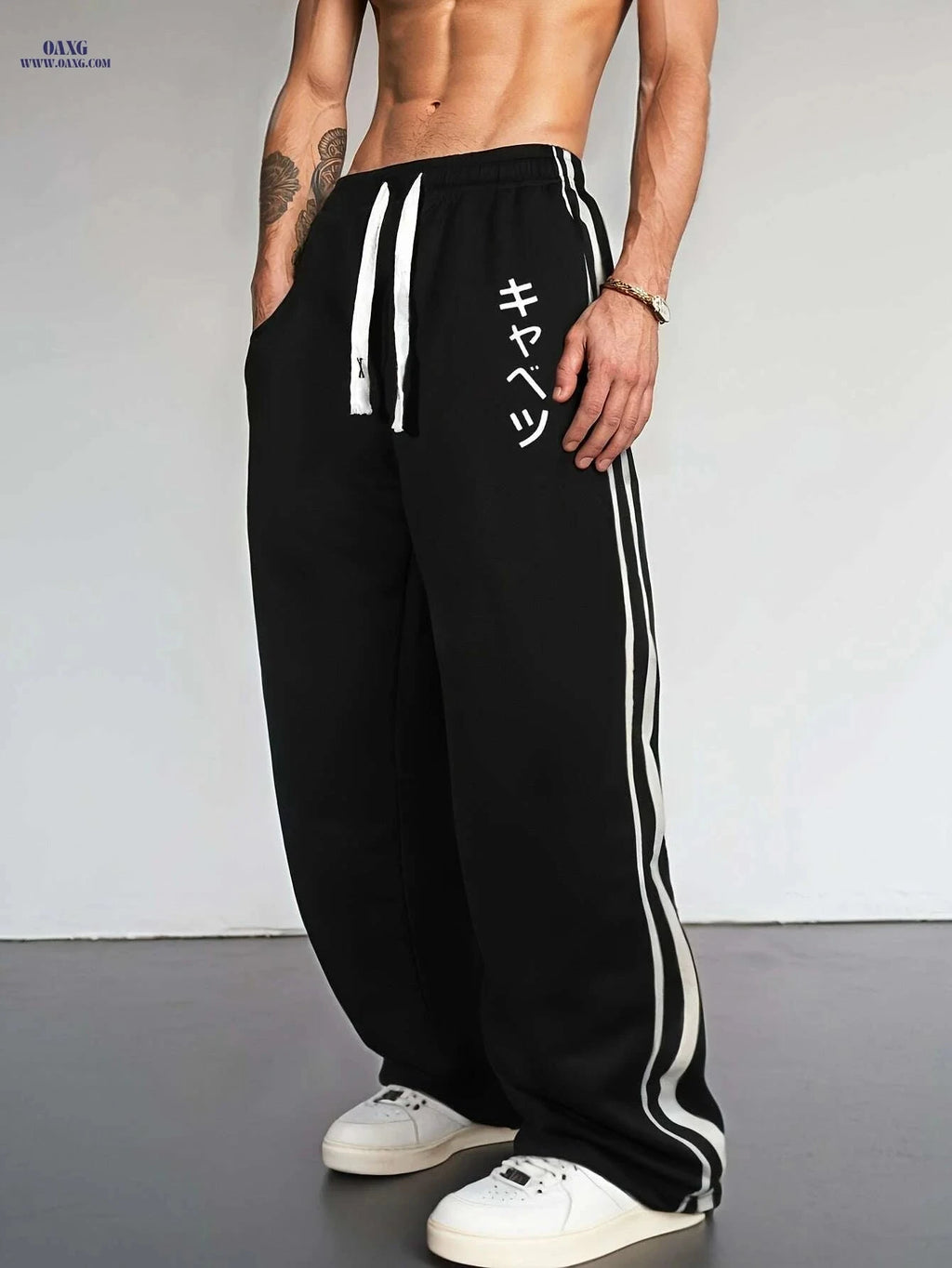Men's Casual Joggers - Japanese Print, Comfortable Drawstring Waist   OAXG Black / S